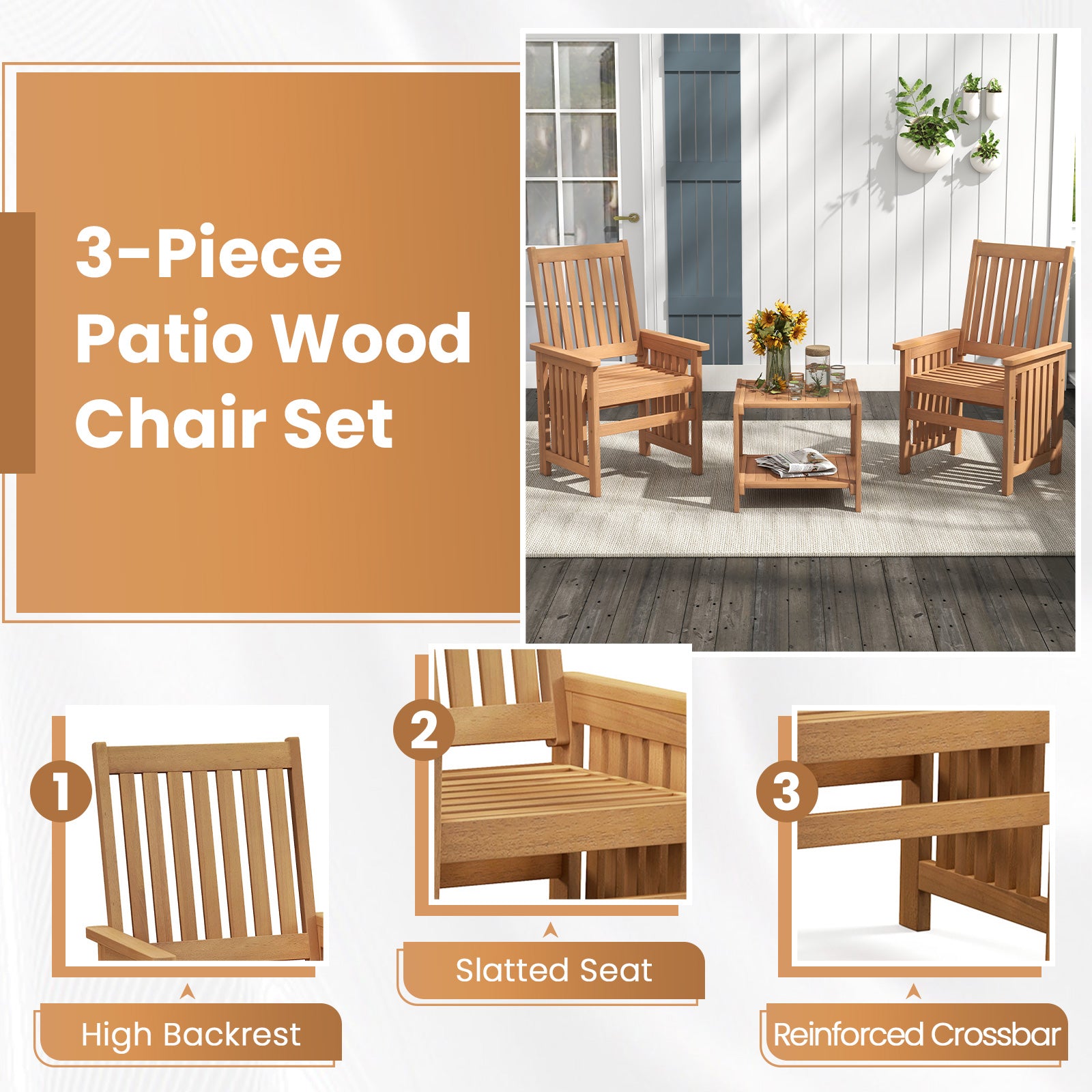 3 Pieces Patio Furniture Set with 1.5 Inch Umbrella Hole
