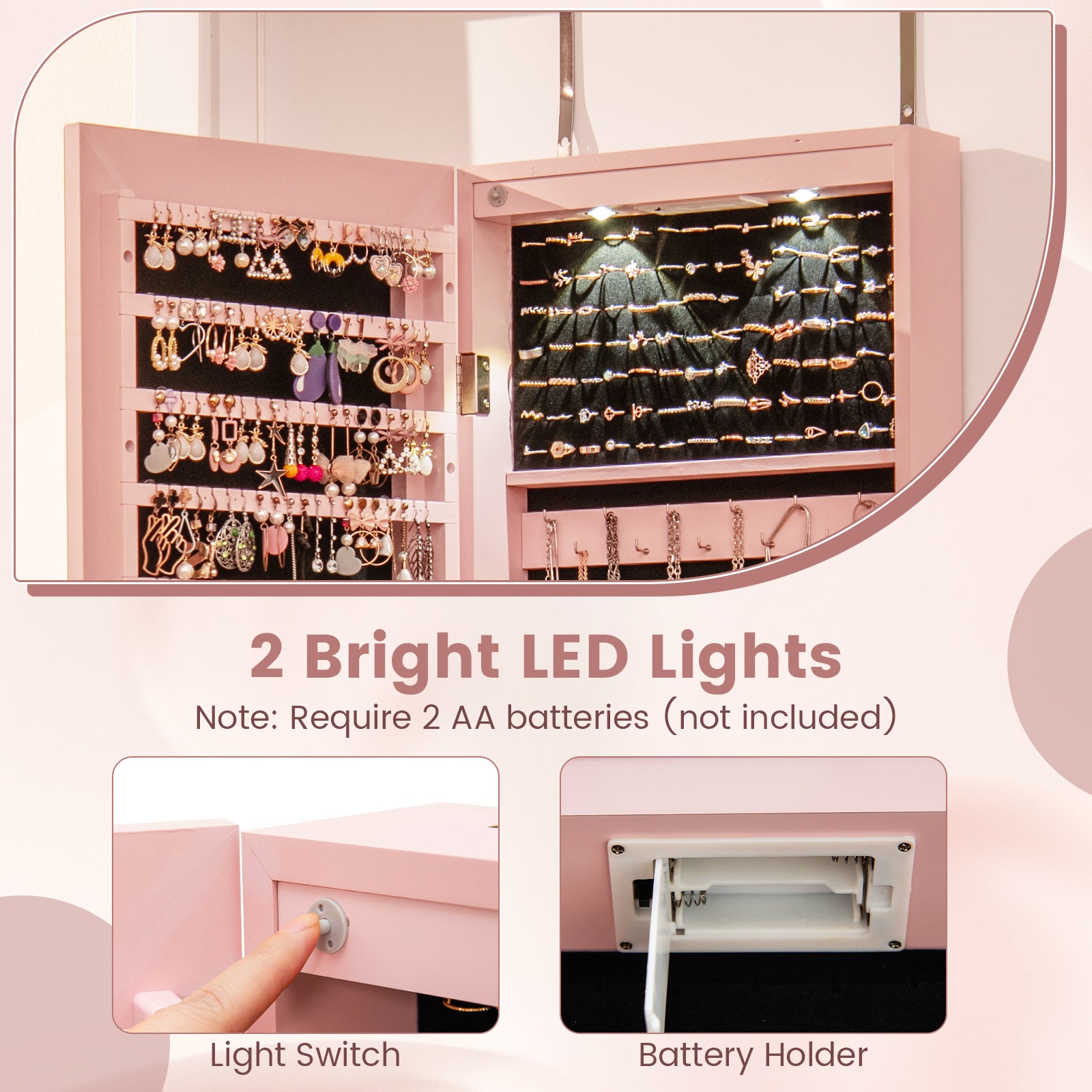 Wall and Door Mounted Mirrored Jewelry Cabinet with Lights-Pink