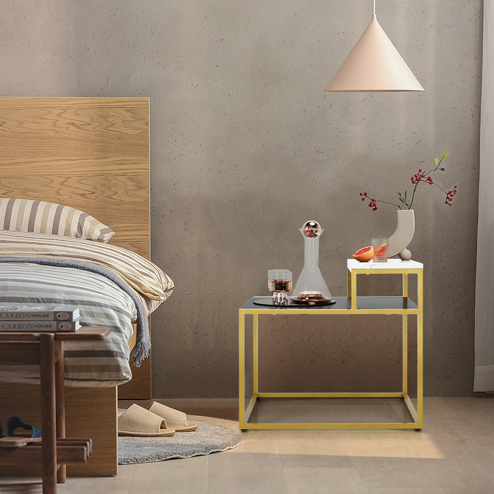 2 Tier End Side Table with? Metal Frame and Storage Shelf for Living Room-White