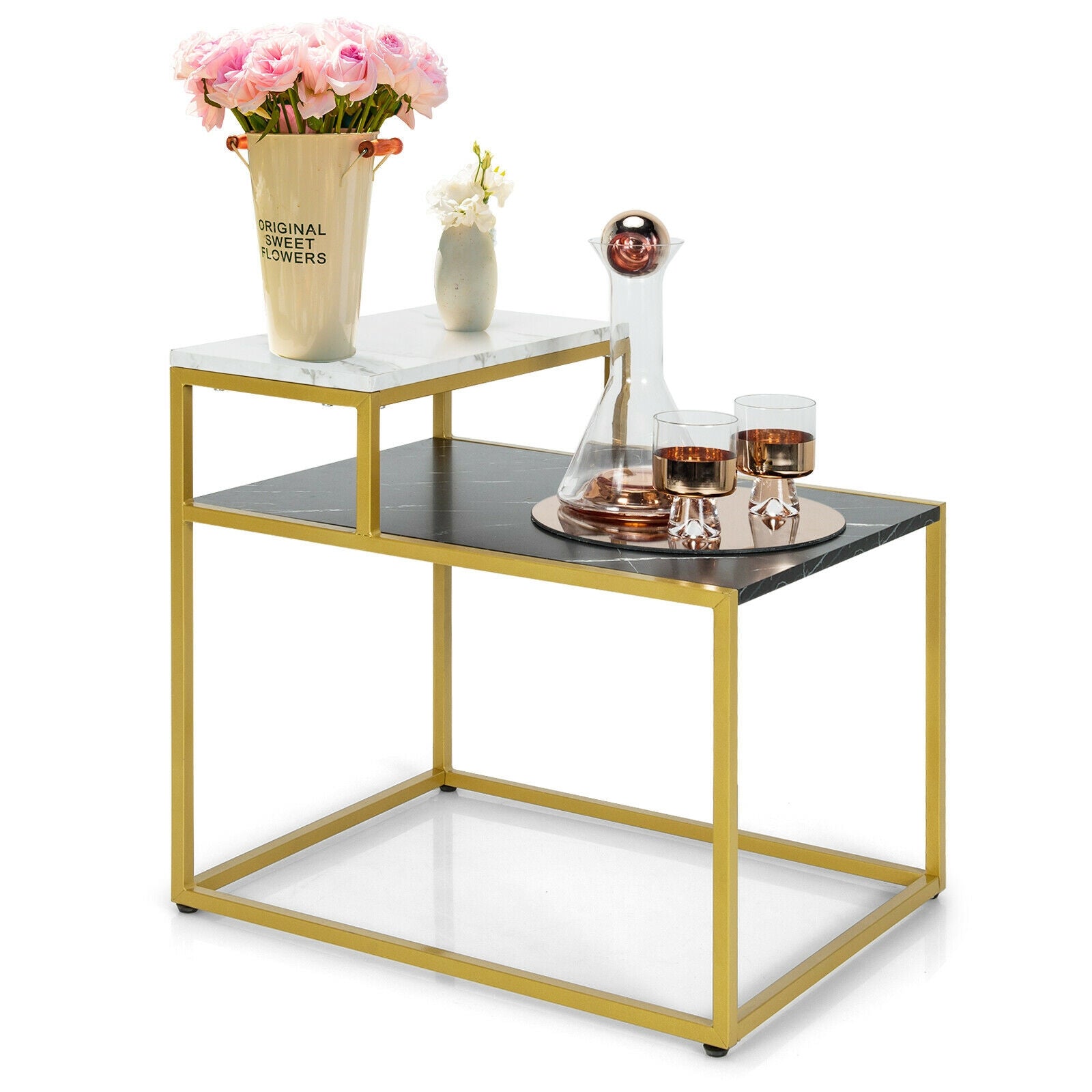 2 Tier End Side Table with? Metal Frame and Storage Shelf for Living Room-White