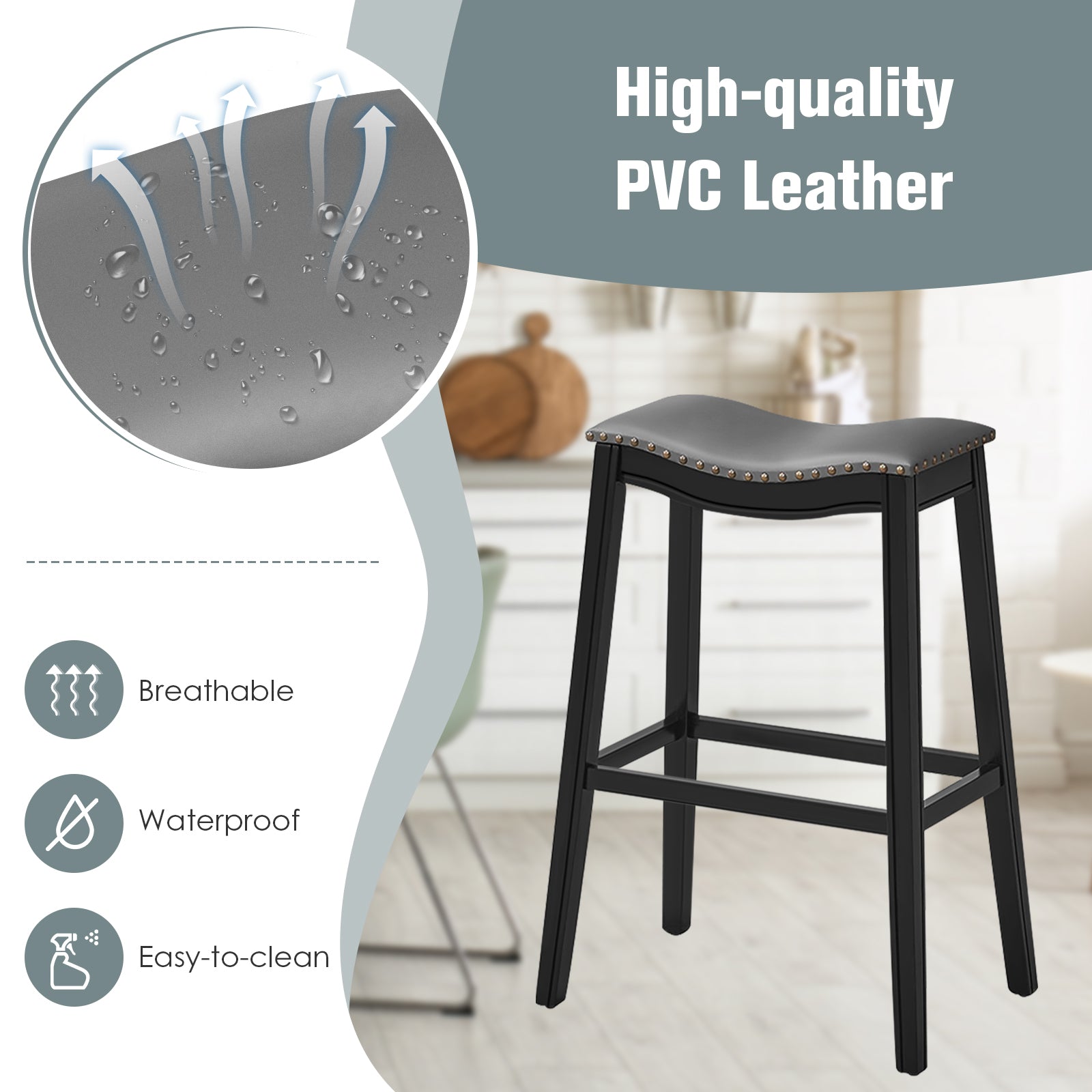 SUGIFT 29 Inch Set of 2 Backless Wood Nailhead Barstools with PVC Leather Seat