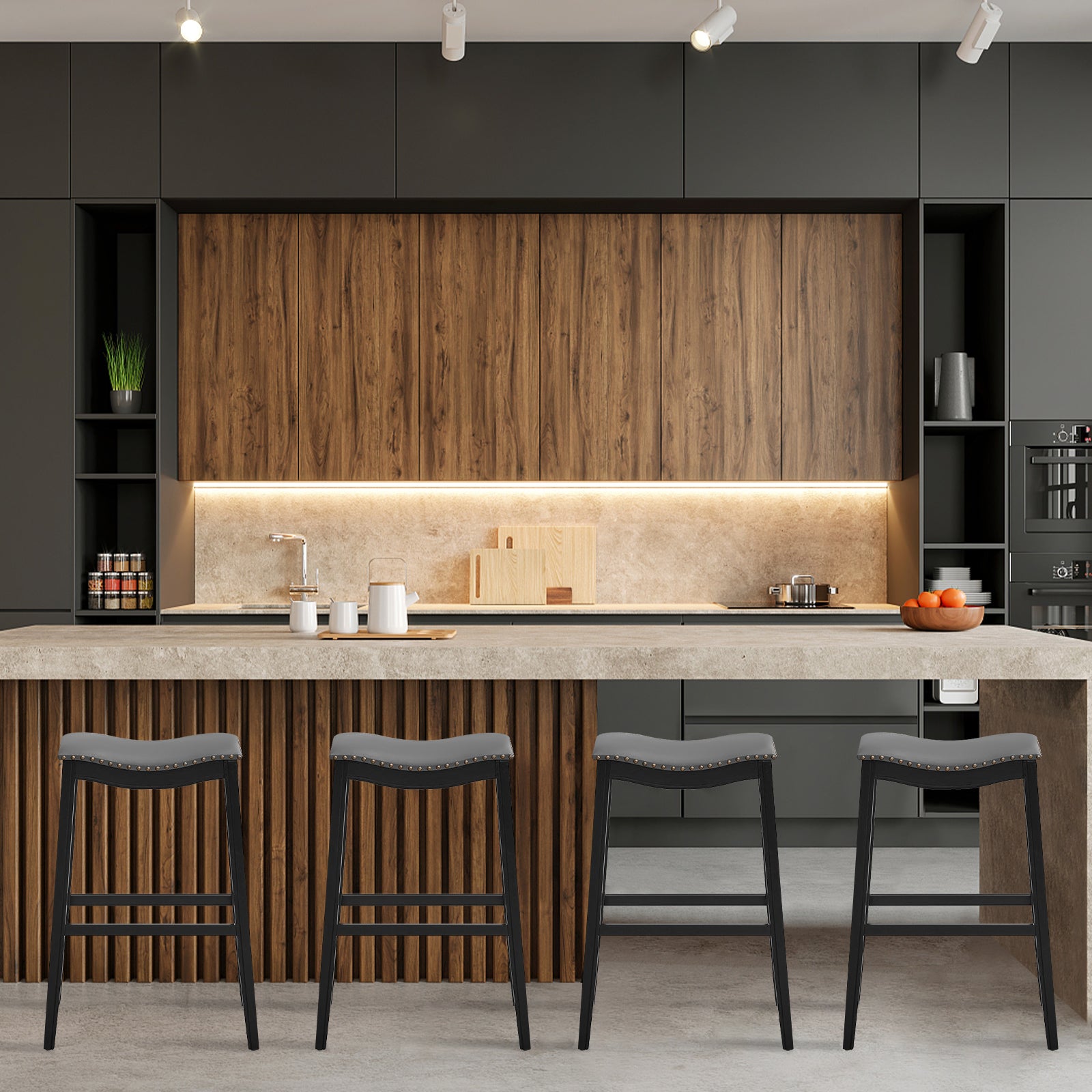 SUGIFT 29 Inch Set of 2 Backless Wood Nailhead Barstools with PVC Leather Seat