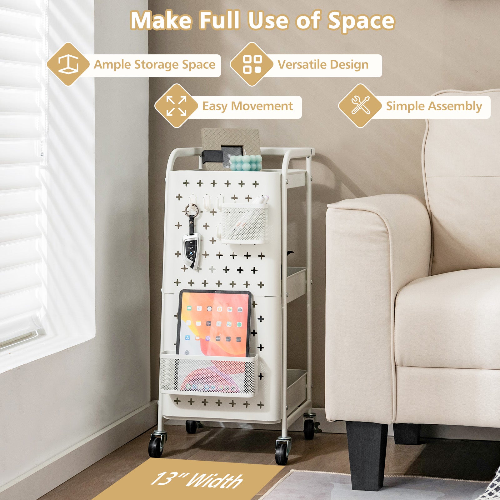 3-Tier Utility Storage Cart with DIY Pegboard Baskets-White