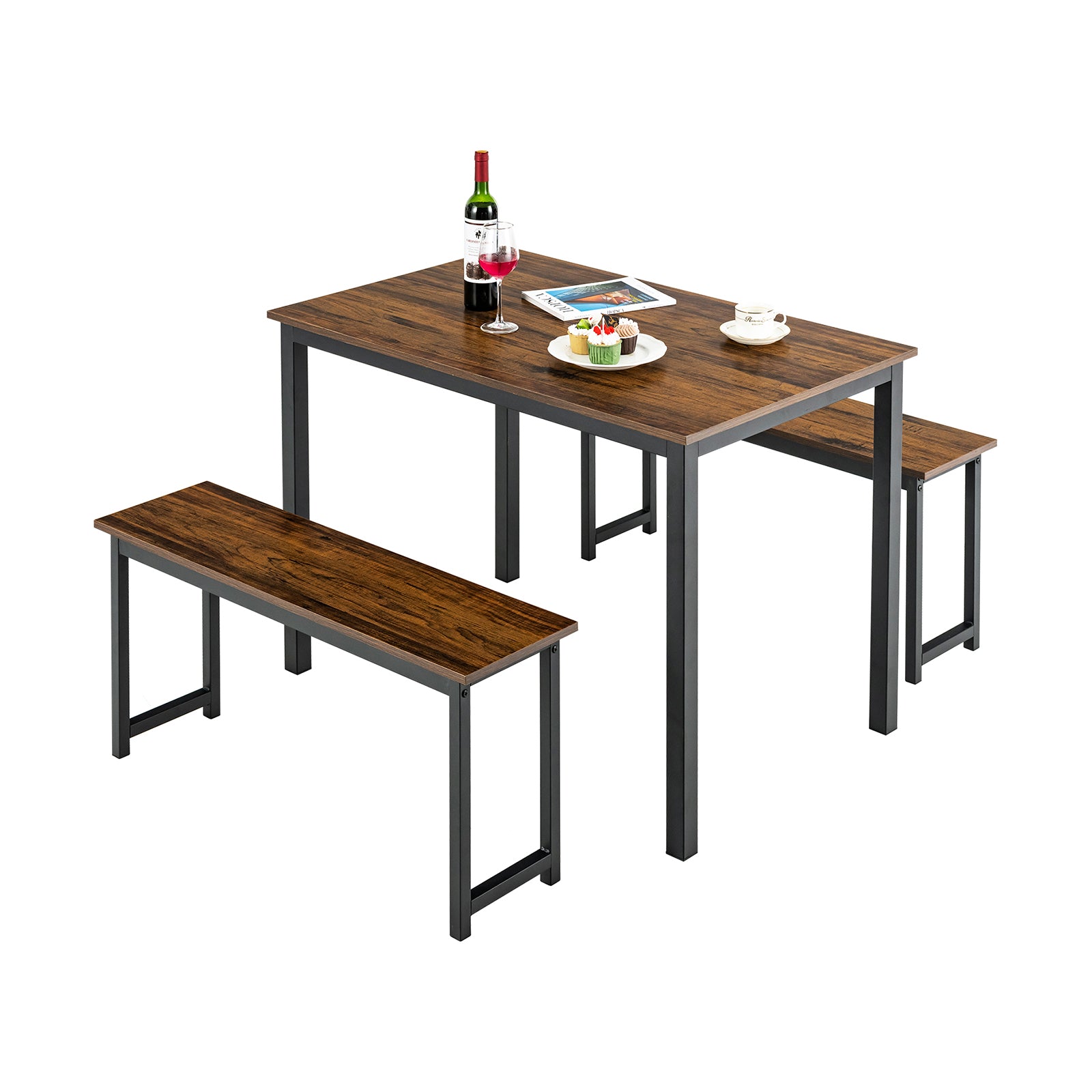 SUGIFT 3 Pieces Dining Table Set with 2 Benches for Dining Room Kitchen Bar