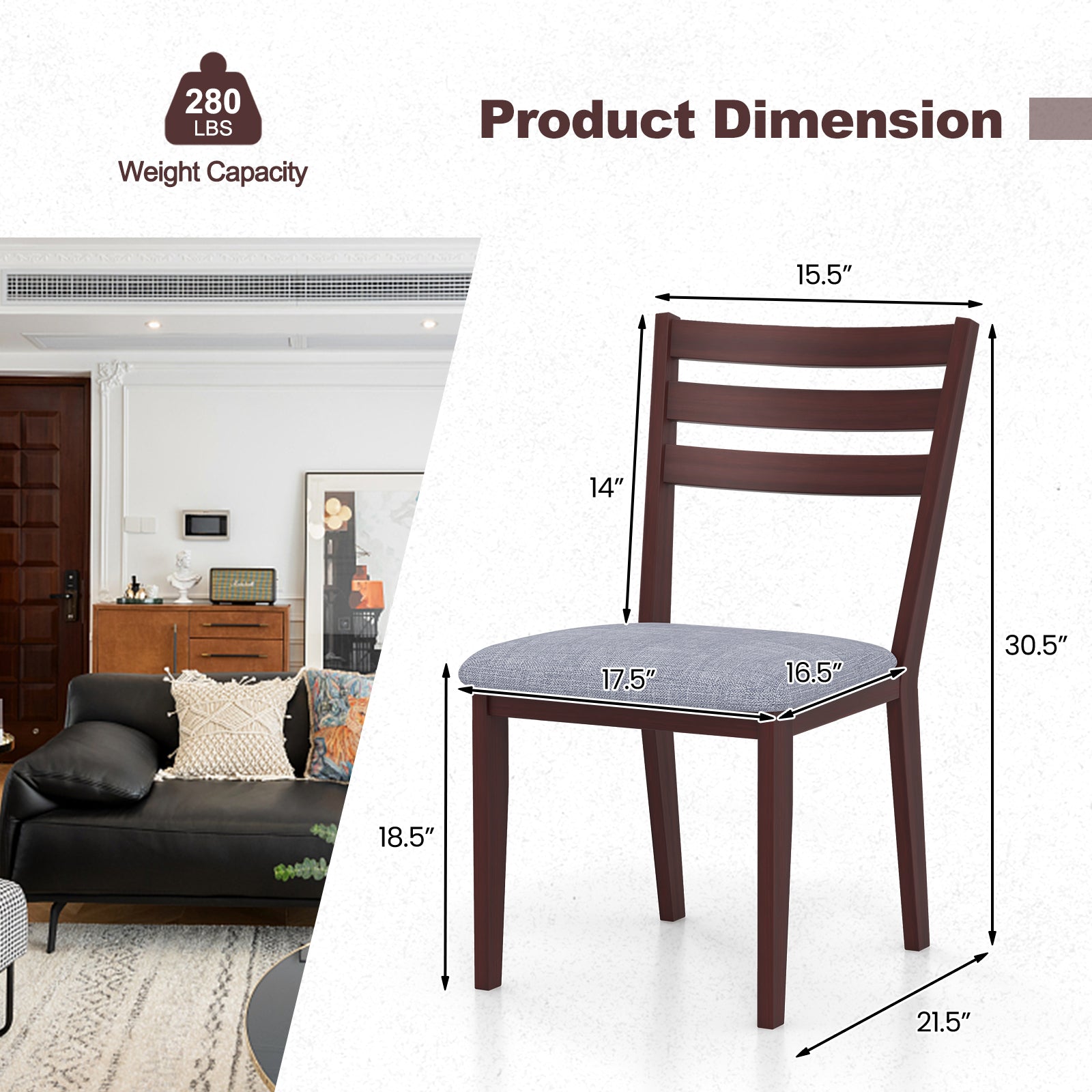 SUGIFT Set of 2 Upholstered Armless Kitchen Chair with Solid Rubber Wood Frame