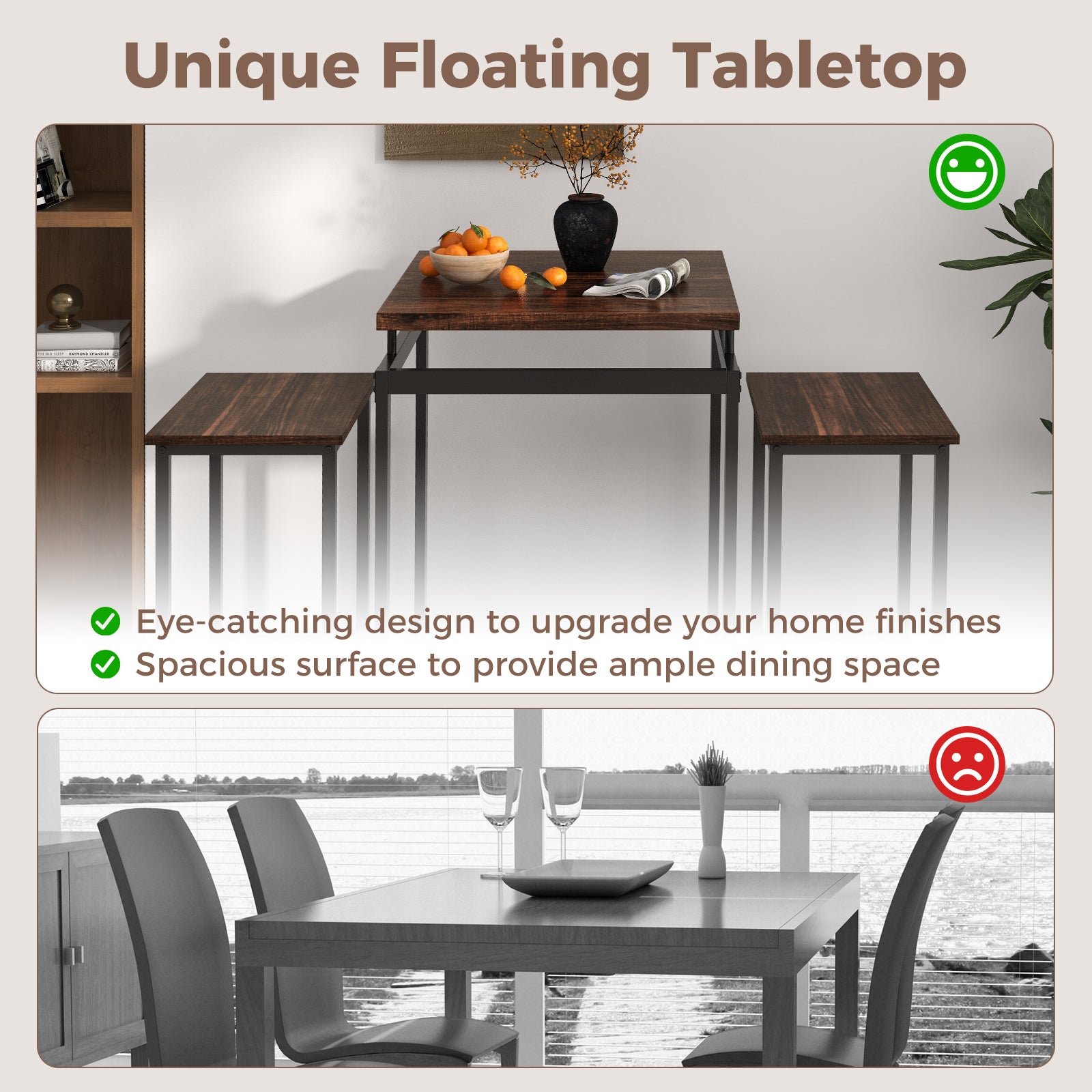 3 Pieces Pub Dining Table Set with Floating Tabletop and Footrest