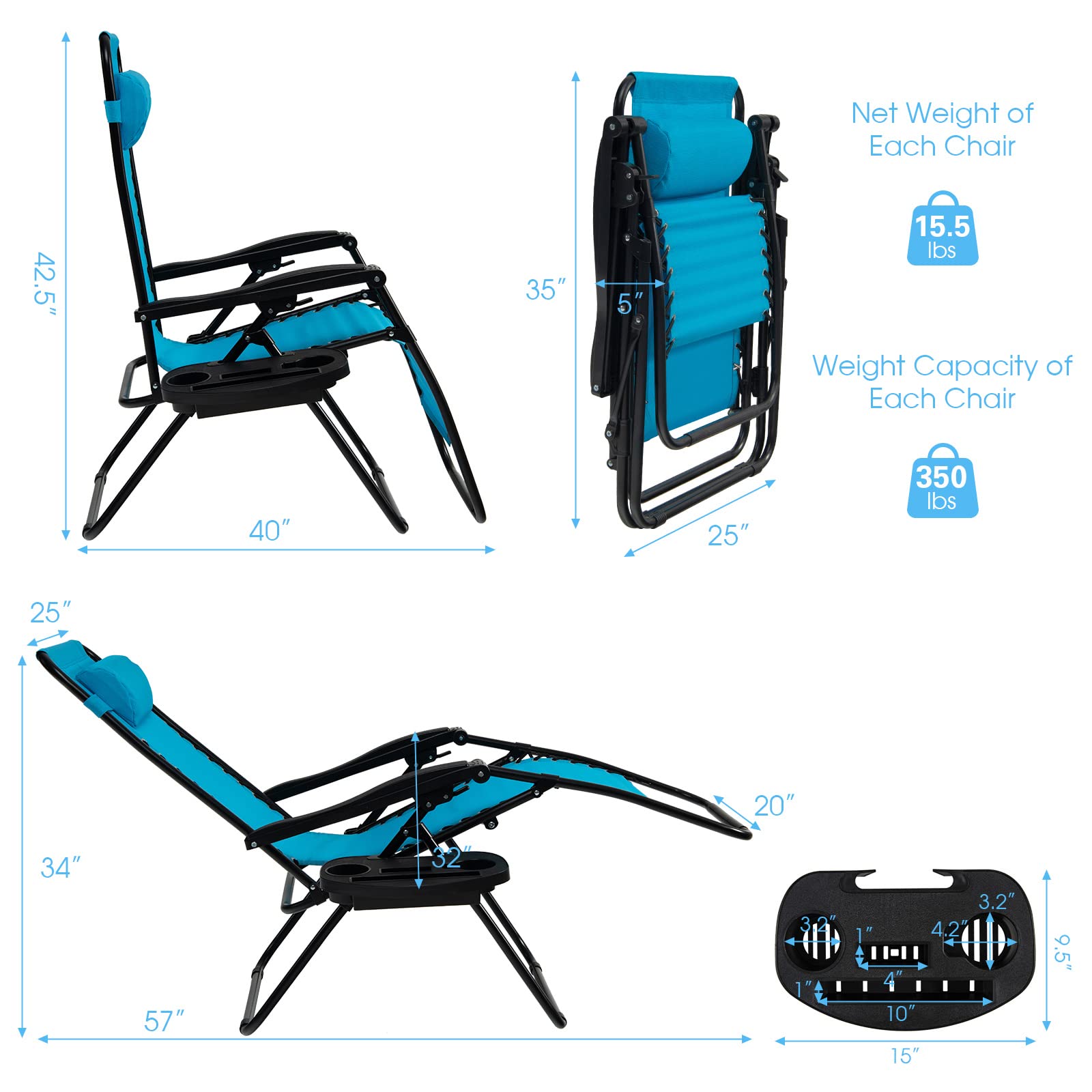 SUGIFT 2 Pieces Folding Lounge Chair with Zero Gravity