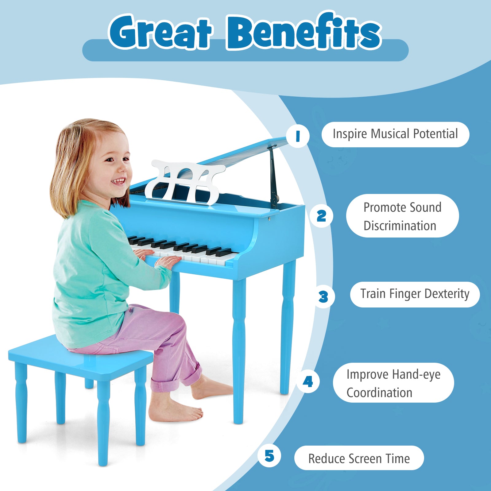 30-Key Wood Toy Kids Grand Piano with Bench and Music Rack-Blue