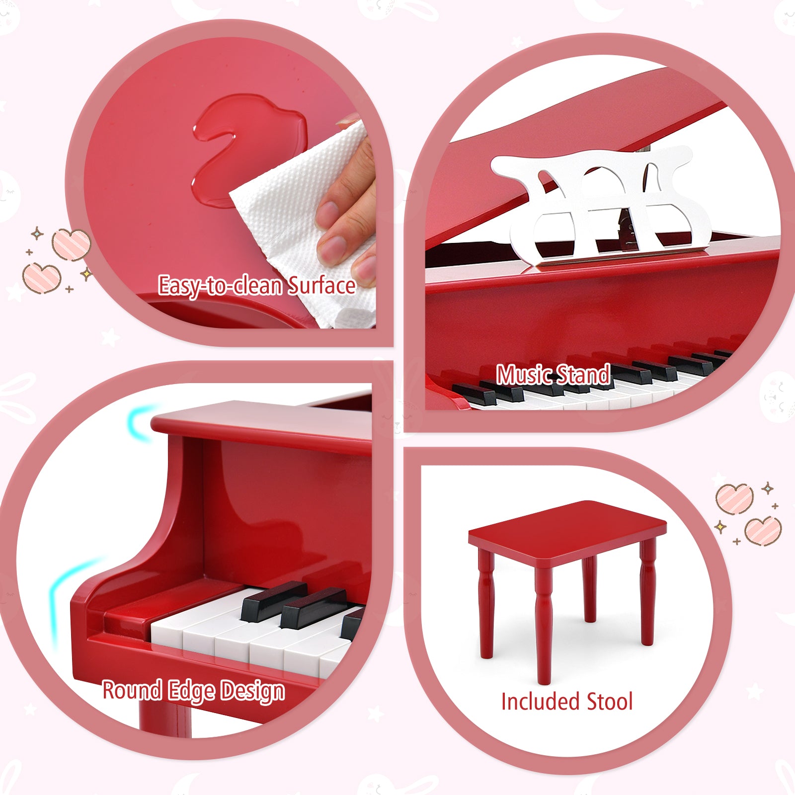 30-Key Wood Toy Kids Grand Piano with Bench and Music Rack-Red