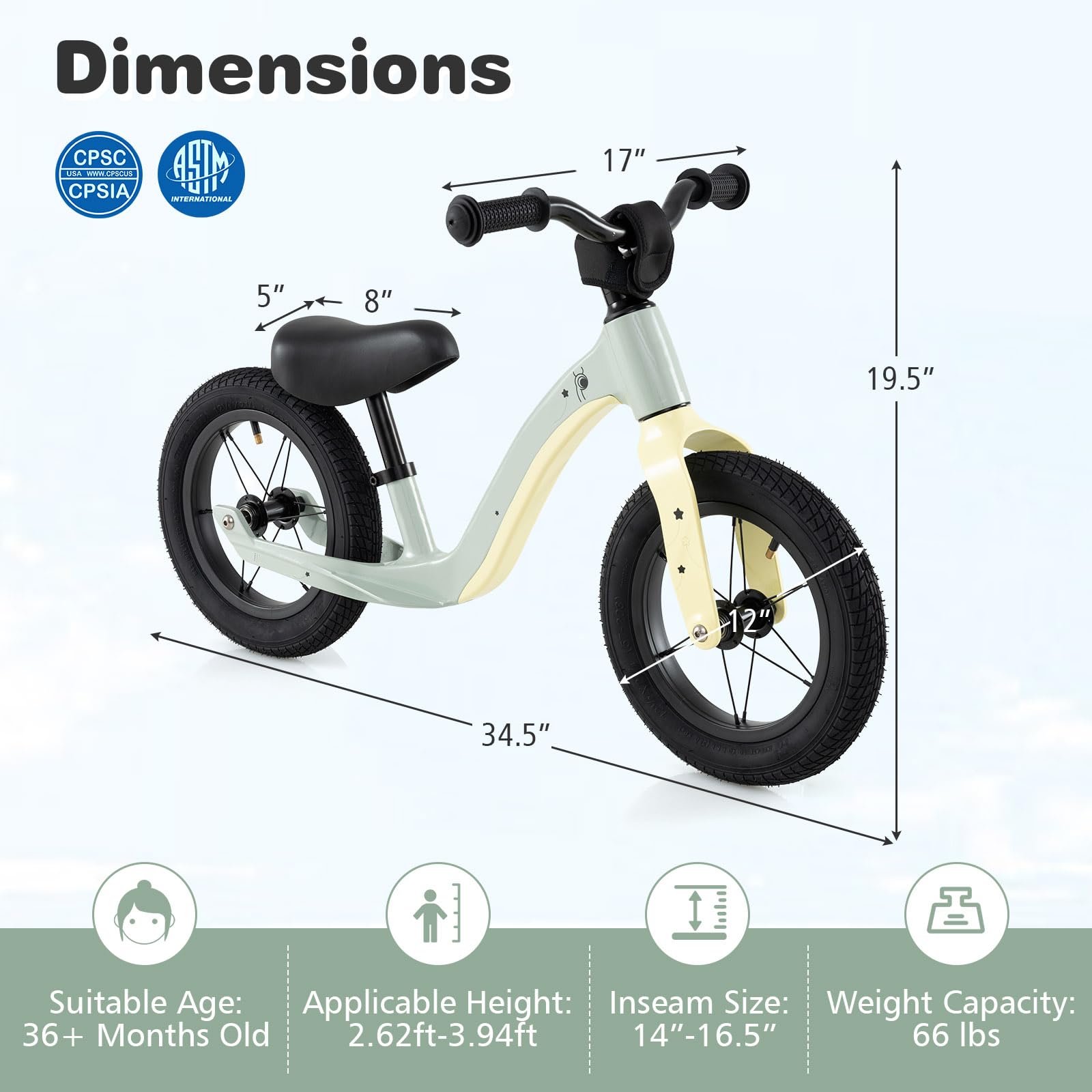 12-Inch Balance Bike with Adjustable Seat and Rotatable Handlebar for Over 36 Months Old-Green