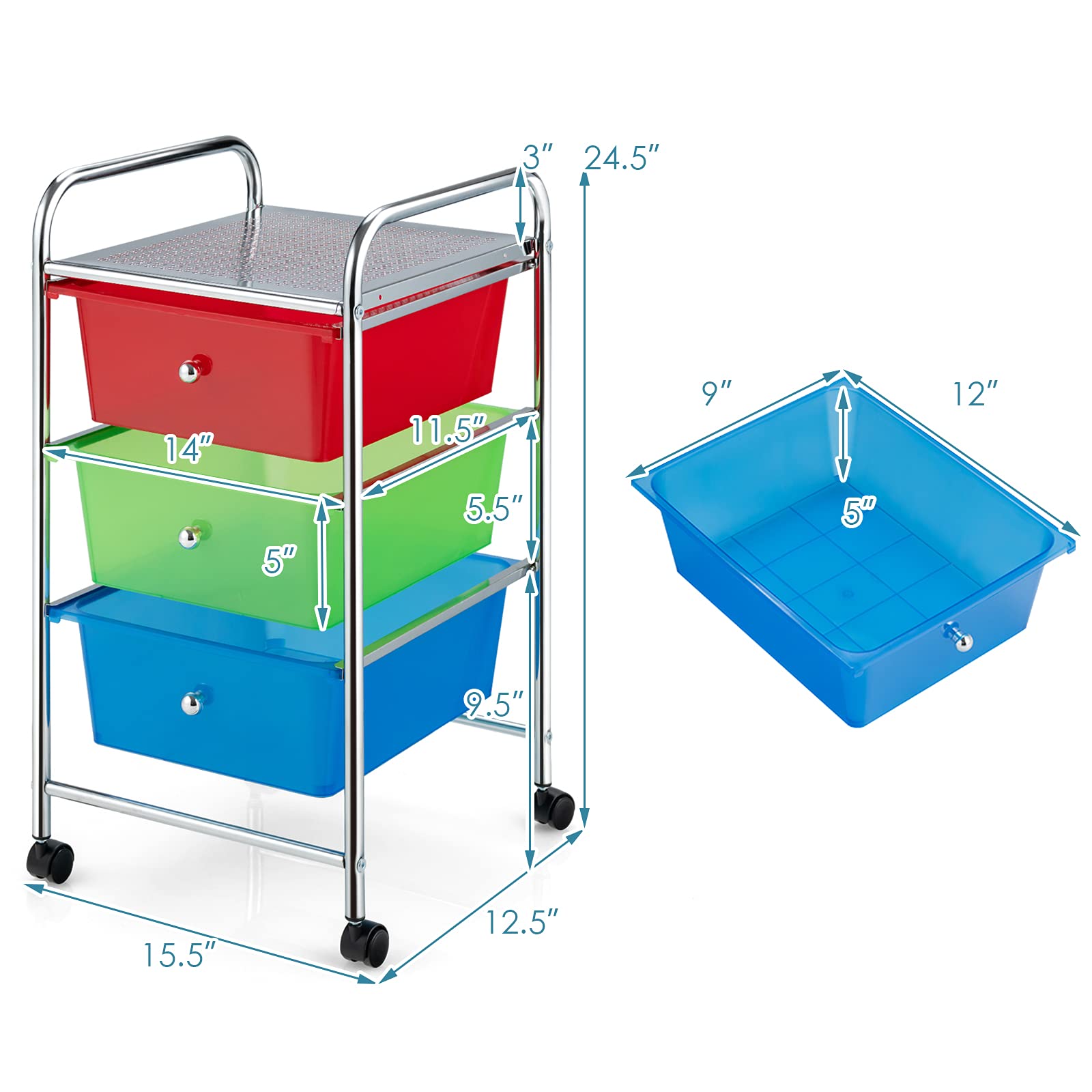 3-Drawer Rolling Storage Cart with Plastic Drawers for Office