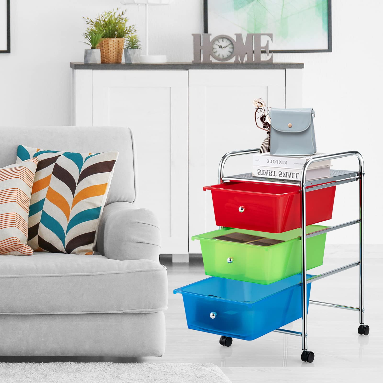 3-Drawer Rolling Storage Cart with Plastic Drawers for Office