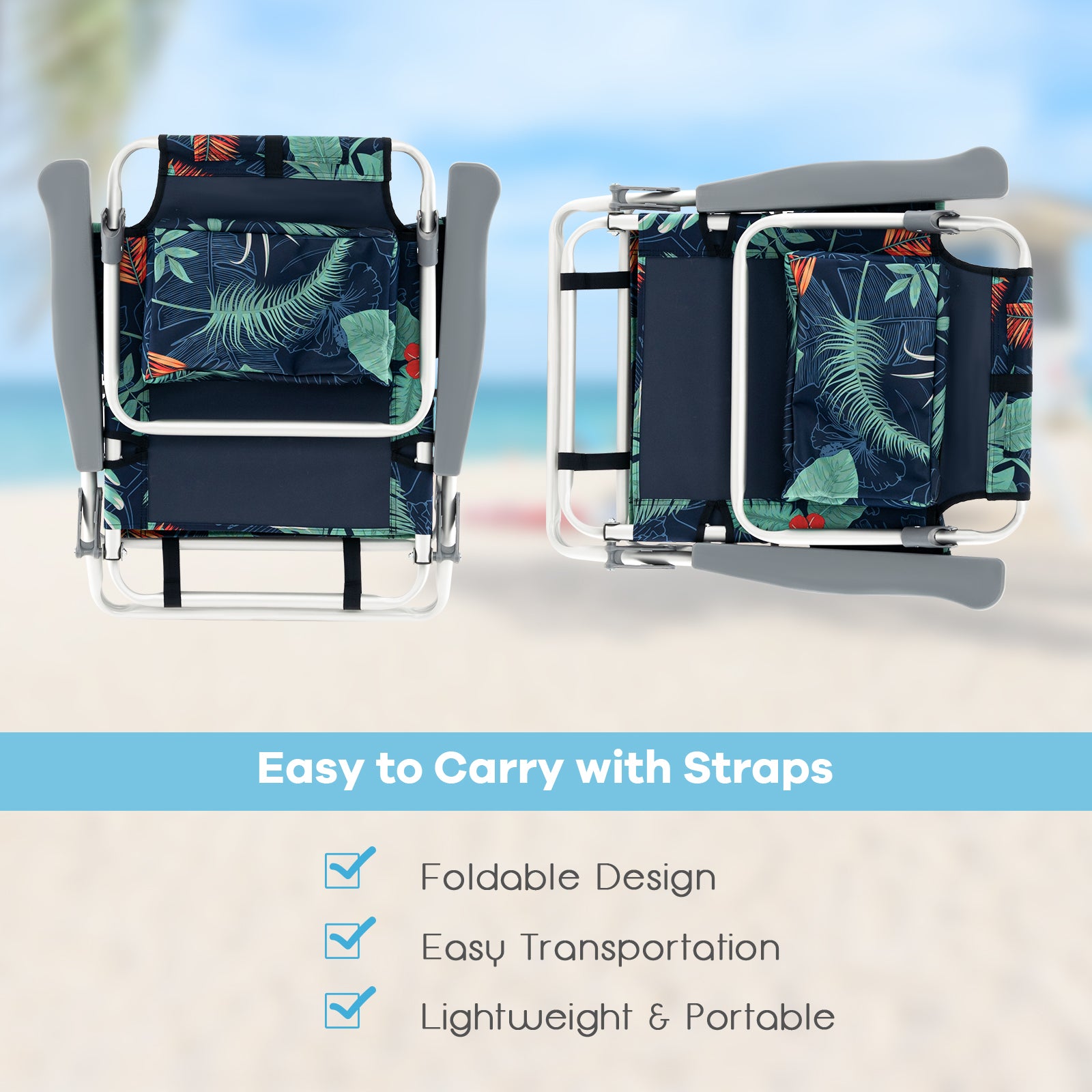 2 Packs 5-Position Outdoor Folding Backpack Beach Table Chair Reclining Chair Set-Green