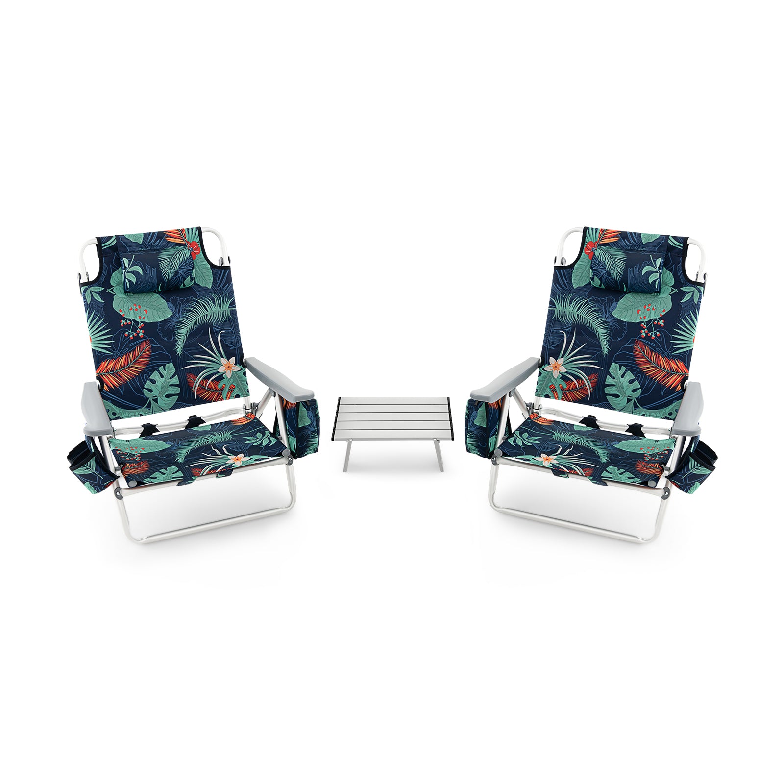 2 Packs 5-Position Outdoor Folding Backpack Beach Table Chair Reclining Chair Set-Green