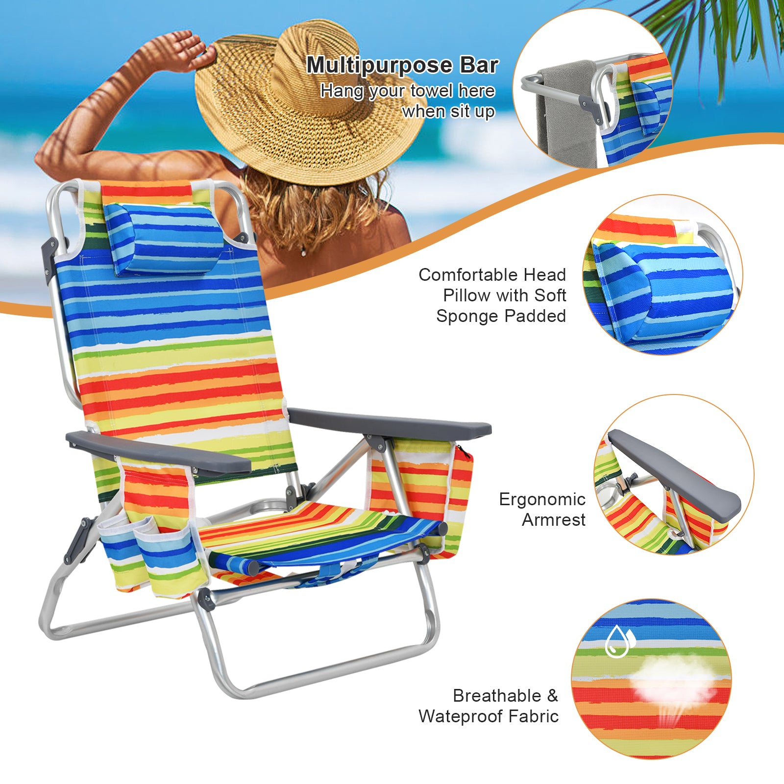 2 Packs 5-Position Outdoor Folding Backpack Beach Table Chair Reclining Chair Set-Yellow