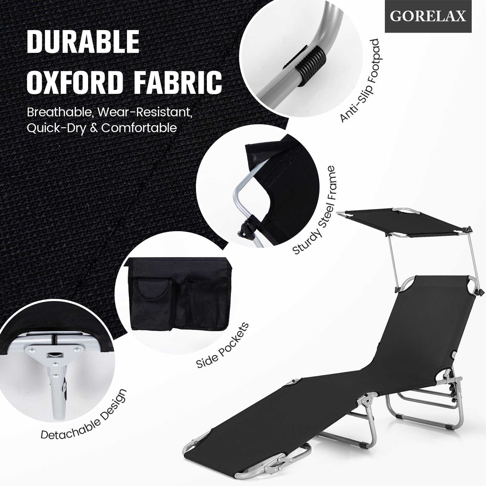 SUGIFT Black 5-Position Adjustable Outdoor Recliner Chair with Canopy Shade