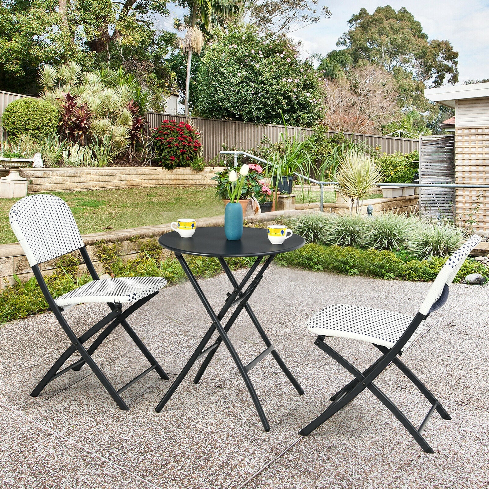 SUGIFT 3 Pieces Patio Rattan Bistro Set with Round Dining Table and 2 Chairs