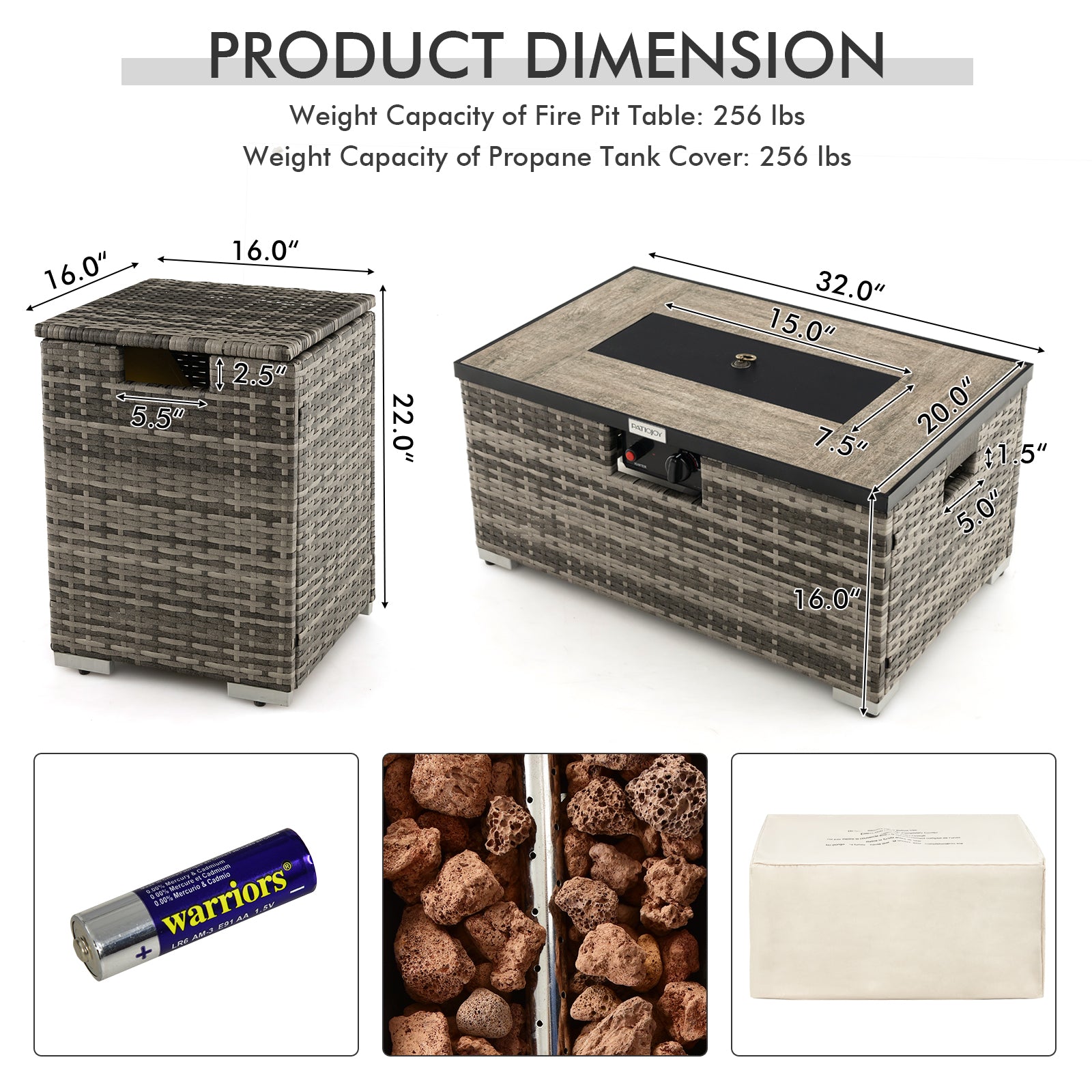 32 x 20 Inch Propane Rattan Fire Pit Table Set with Side Table Tank and Cover