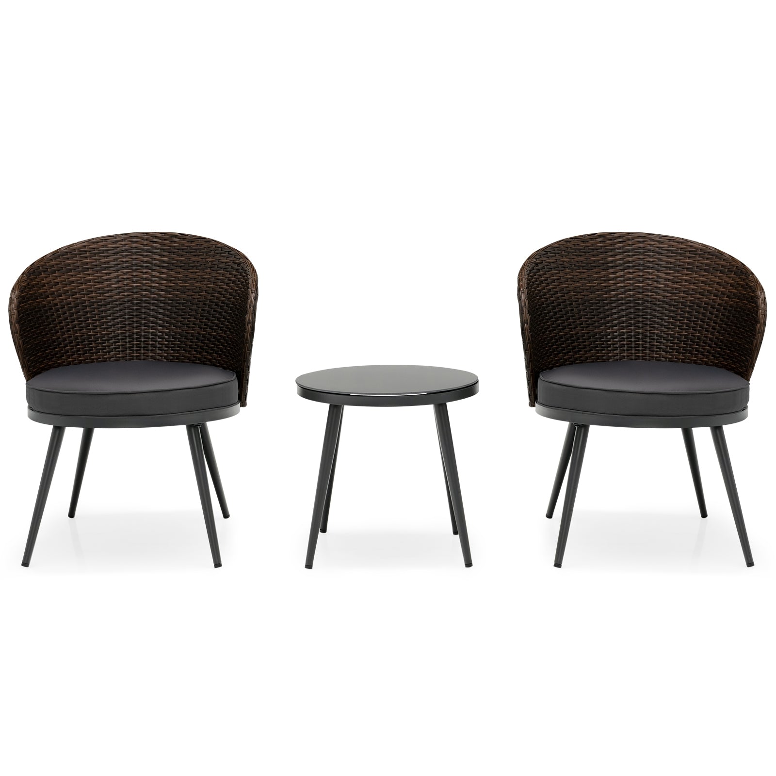 3 Pieces Patio Rattan Bistro Set with 2 Seat Cushions and Tempered Glass Tabletop