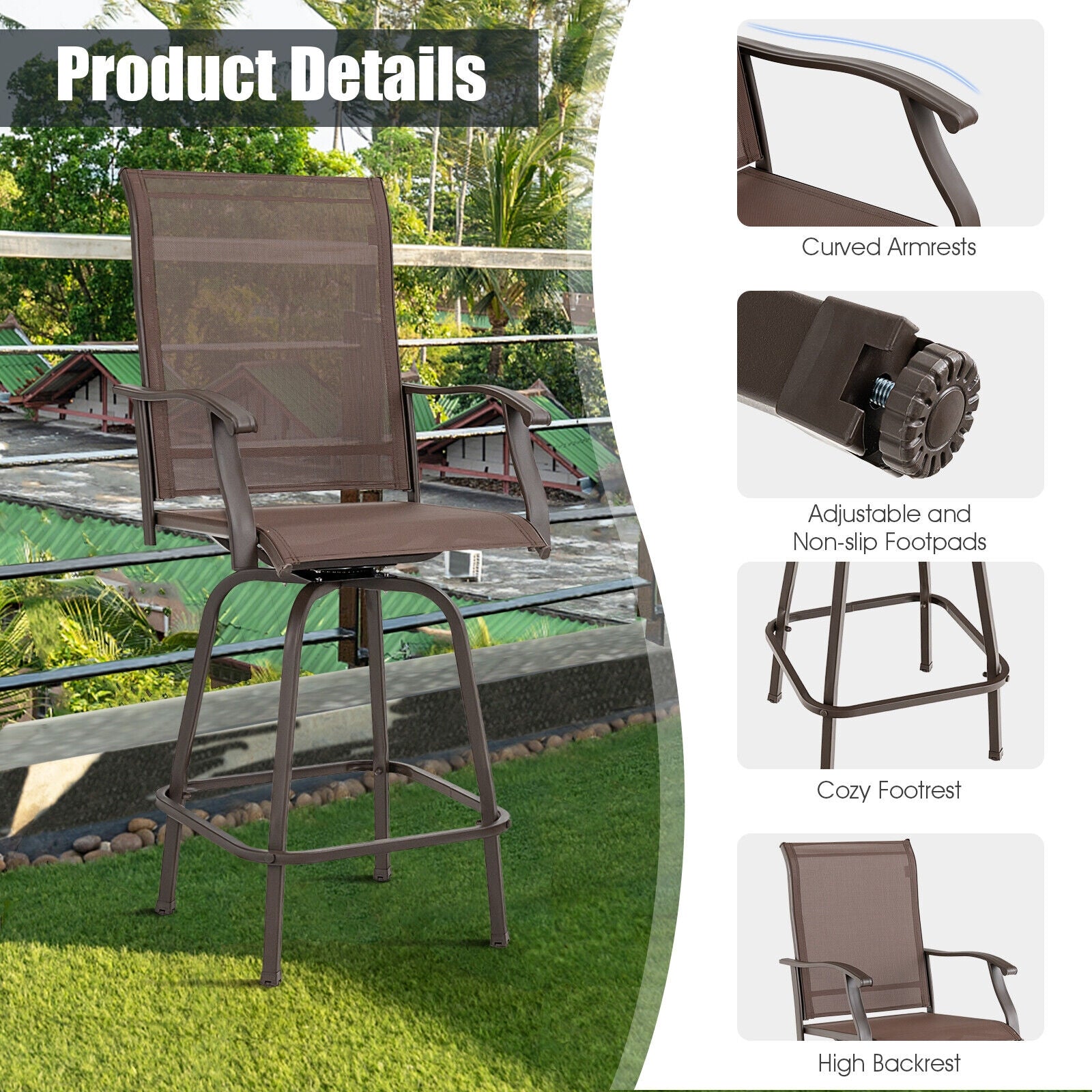 SUGIFT 2 Pieces 360 Rotating Bar Stool Set with Armrests for Patio