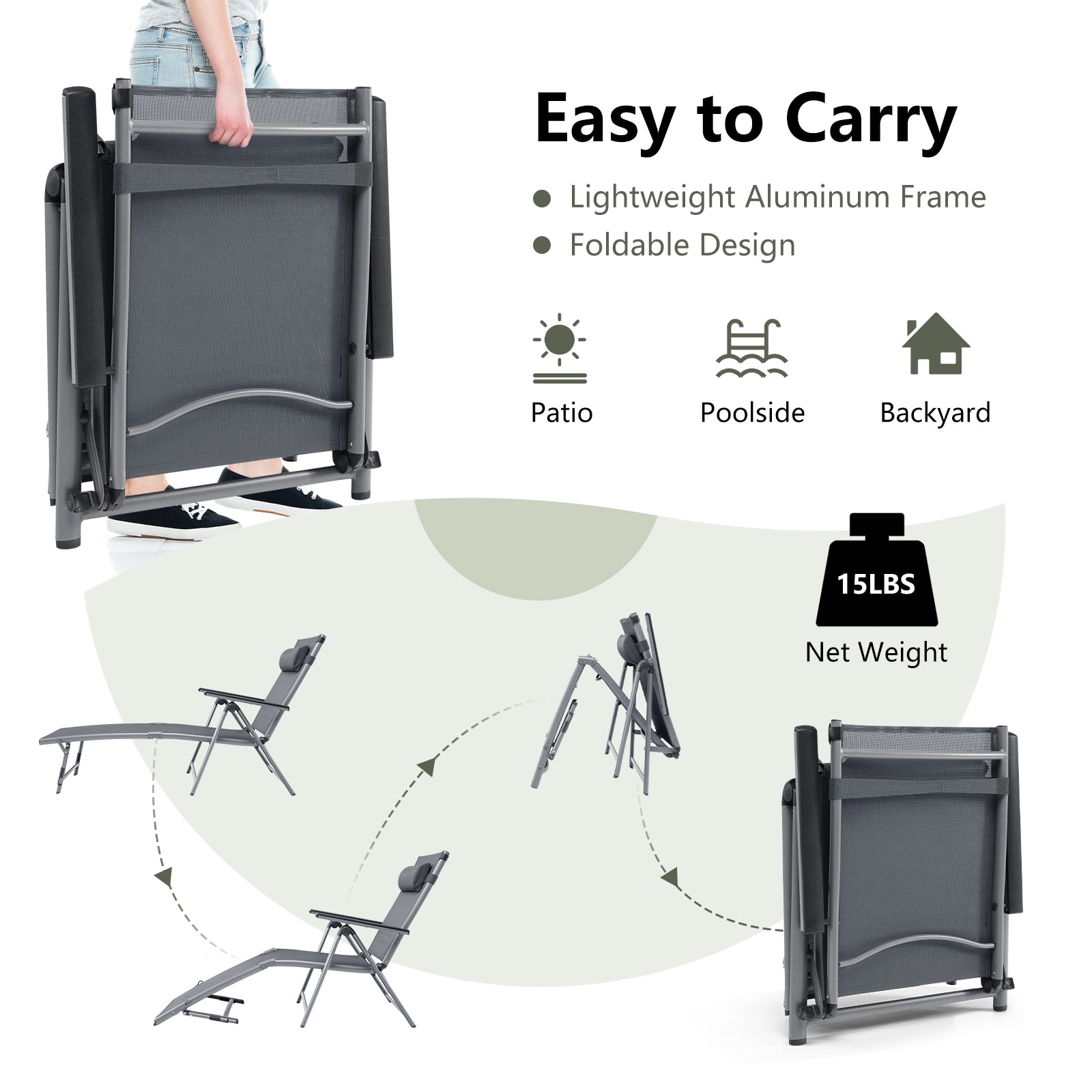 SUGIFT Outdoor Aluminum Chaise Lounge Chair with Quick-Drying Fabric