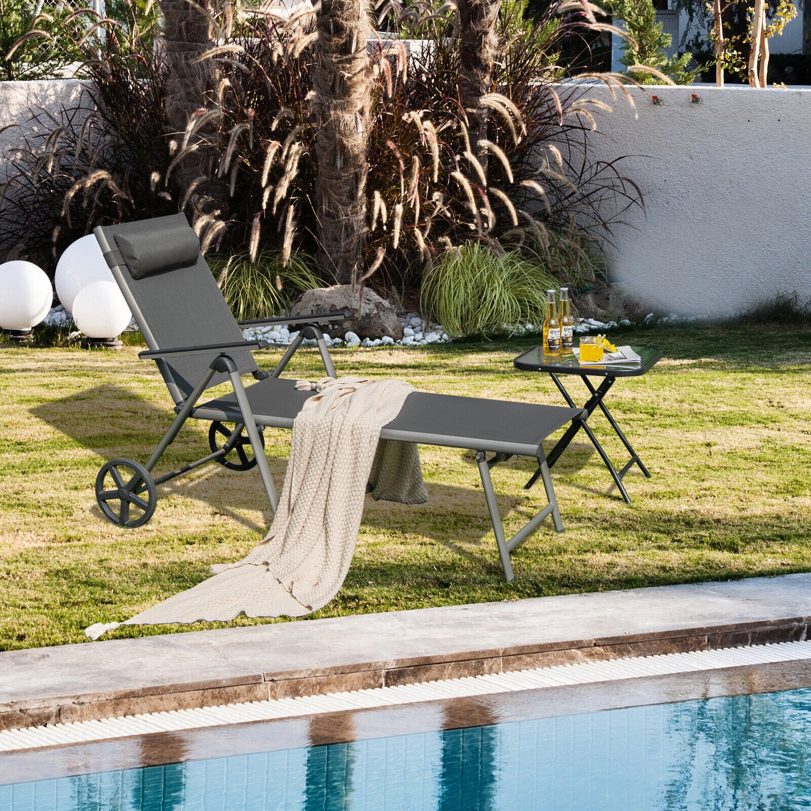 SUGIFT Adjustable Patio Folding Chaise Lounge Chair with Wheels