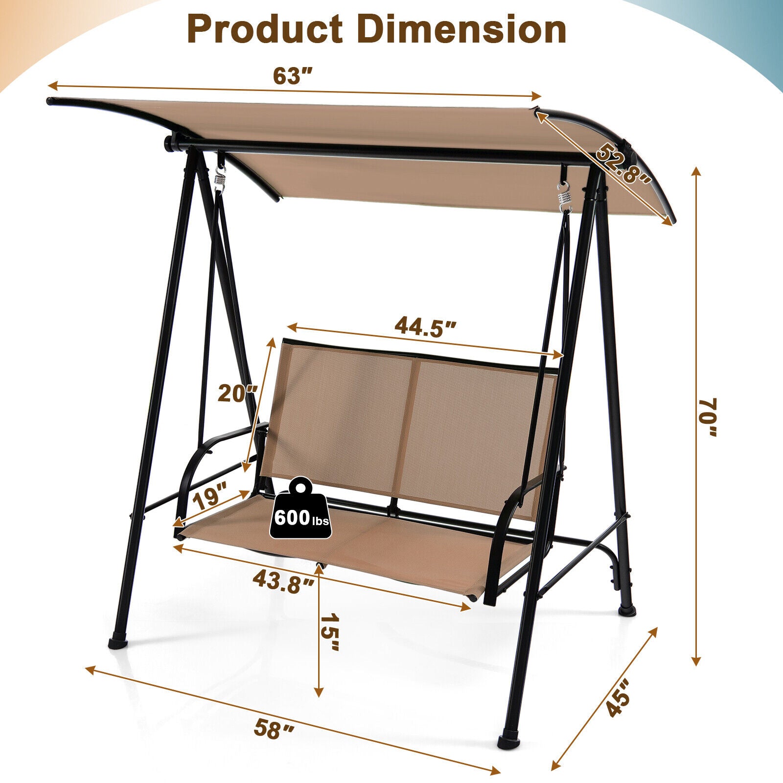 SUGIFT 2-Seat Outdoor Canopy Swing with Comfortable Fabric Seat and Heavy-duty Metal Frame