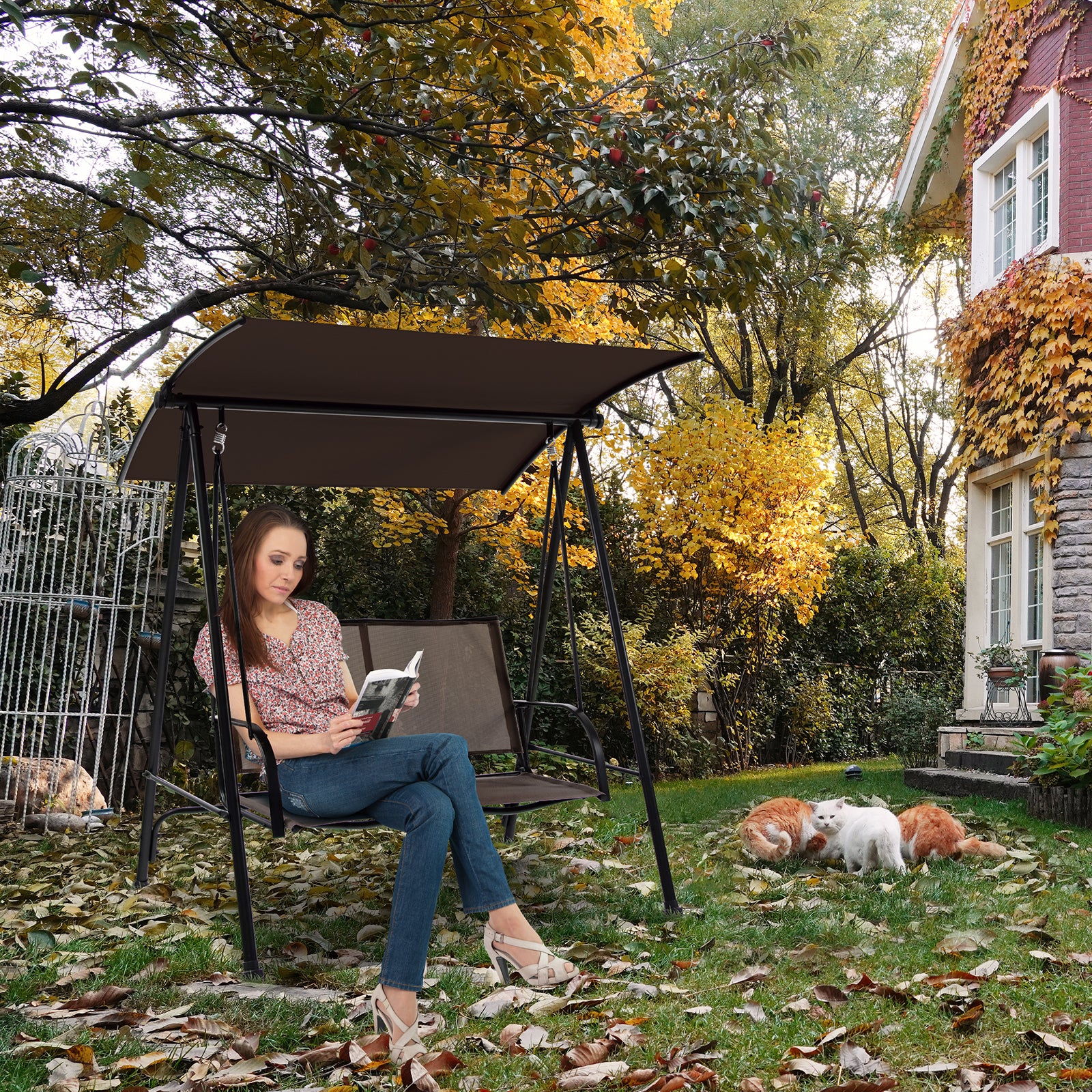 SUGIFT 2-Seat Outdoor Canopy Swing with Comfortable Fabric Seat and Heavy-duty Metal Frame