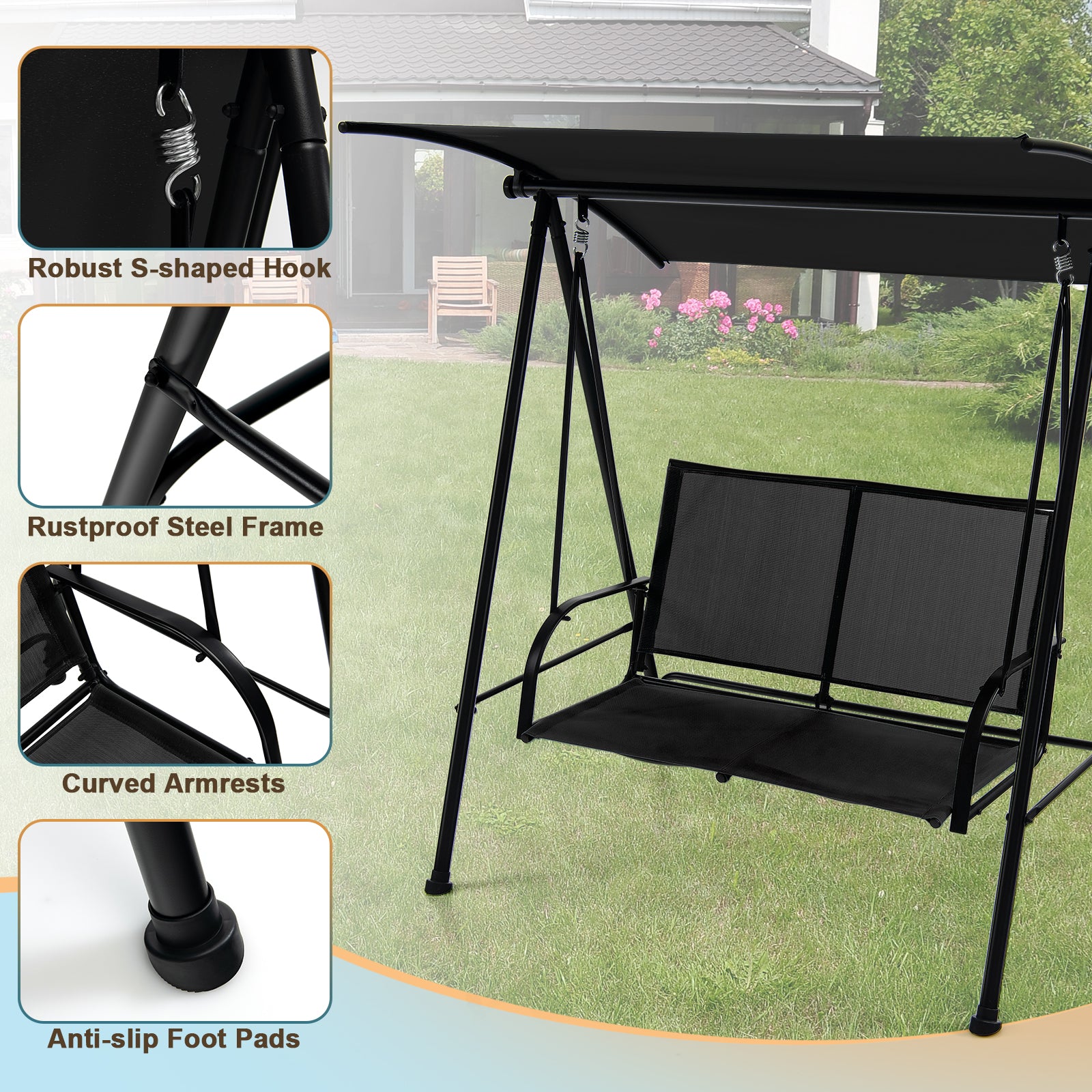 SUGIFT 2-Seat Outdoor Canopy Swing with Comfortable Fabric Seat and Heavy-duty Metal Frame