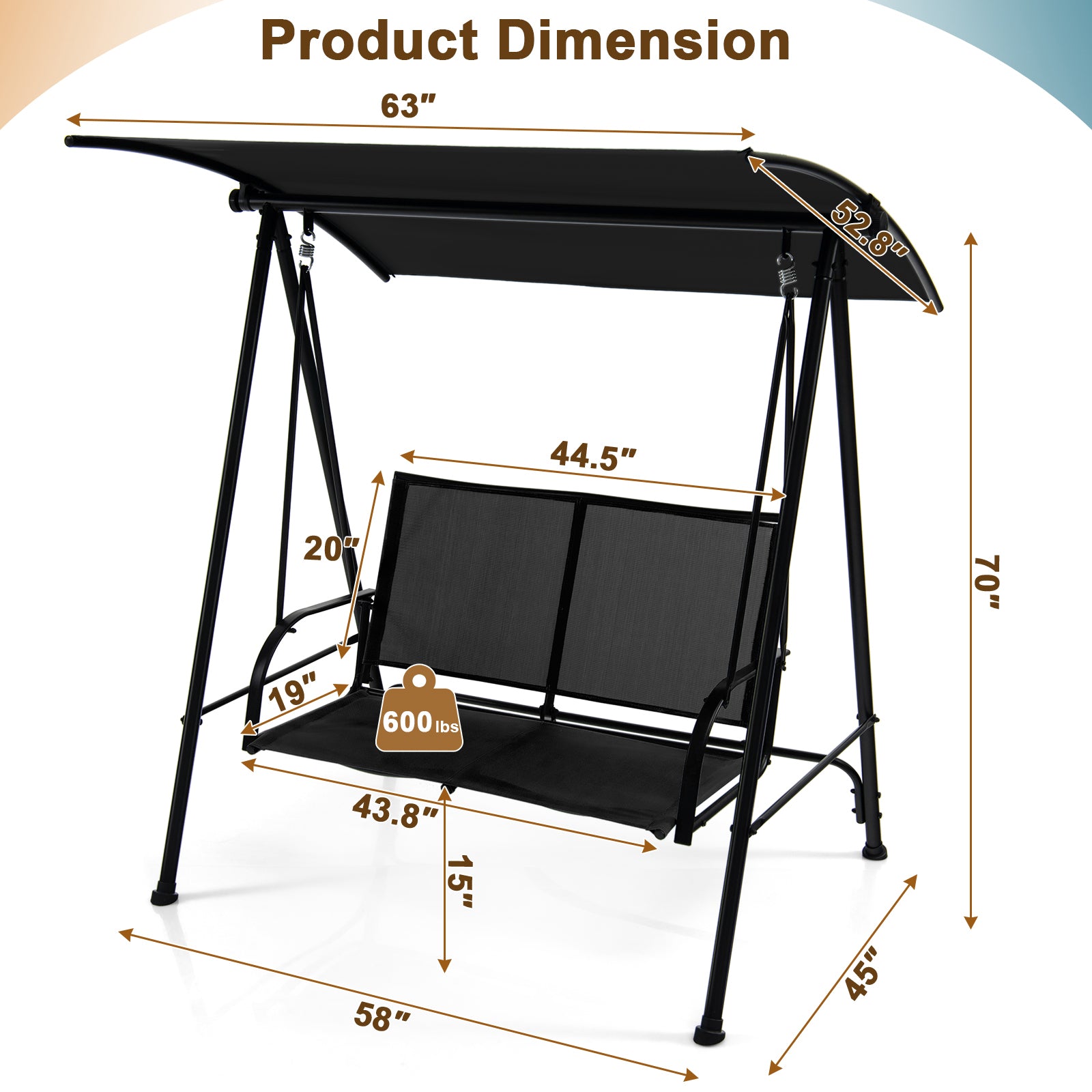 SUGIFT 2-Seat Outdoor Canopy Swing with Comfortable Fabric Seat and Heavy-duty Metal Frame
