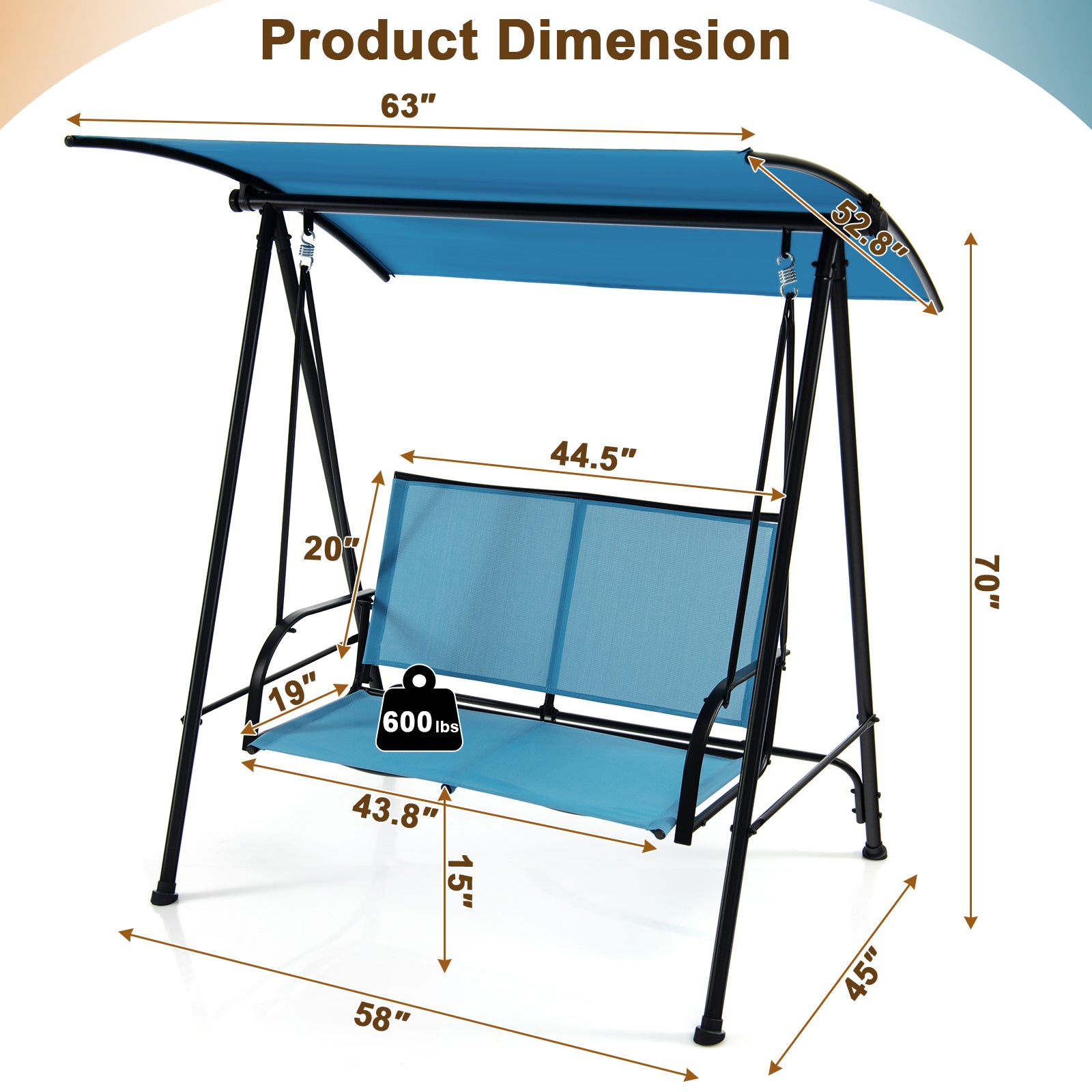 SUGIFT 2-Seat Outdoor Canopy Swing with Comfortable Fabric Seat and Heavy-duty Metal Frame