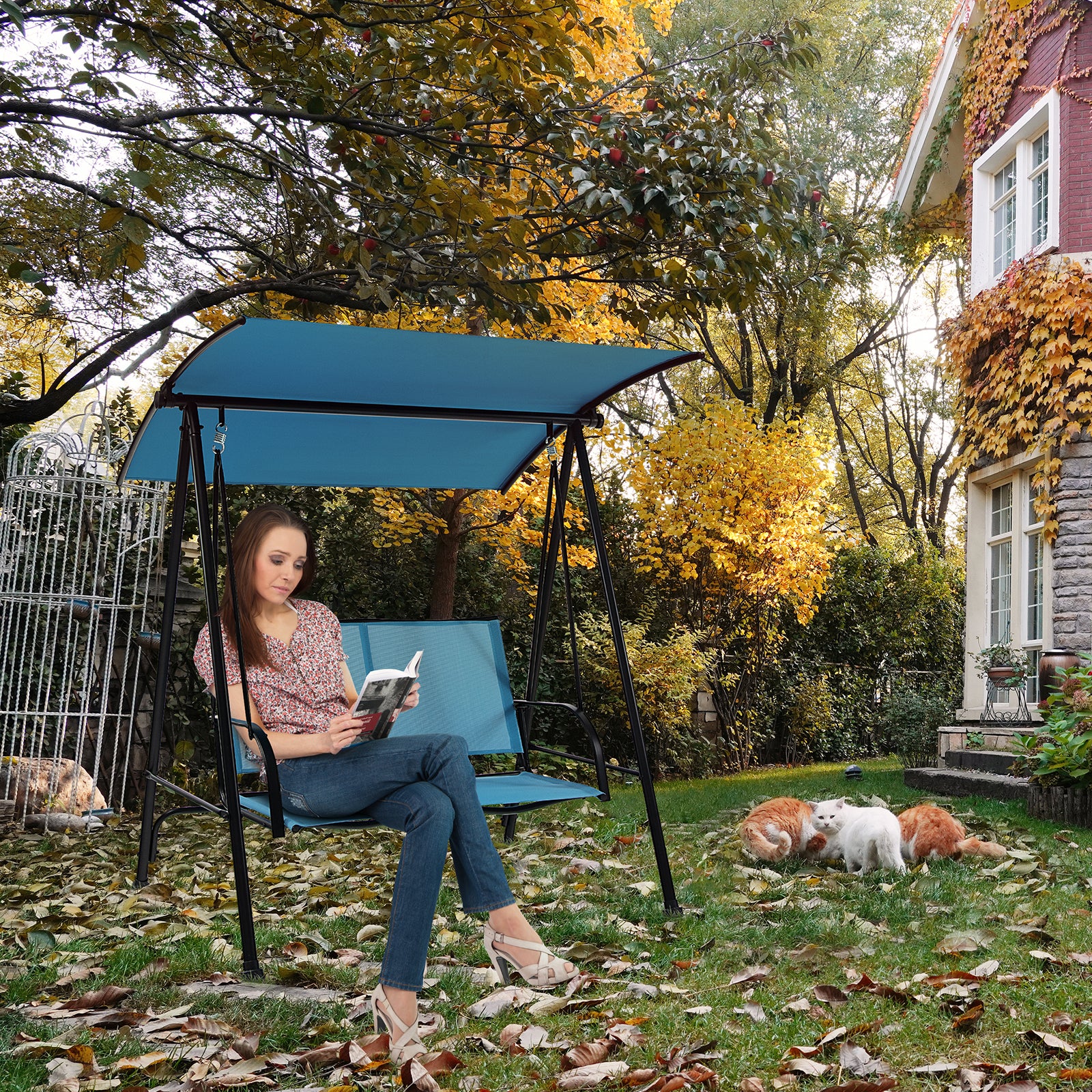 SUGIFT 2-Seat Outdoor Canopy Swing with Comfortable Fabric Seat and Heavy-duty Metal Frame