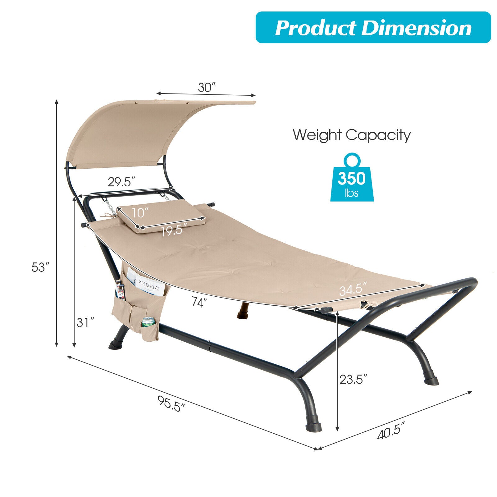 SUGIFT Patio Hanging Chaise Lounge Chair with Canopy Cushion Pillow and Storage Bag