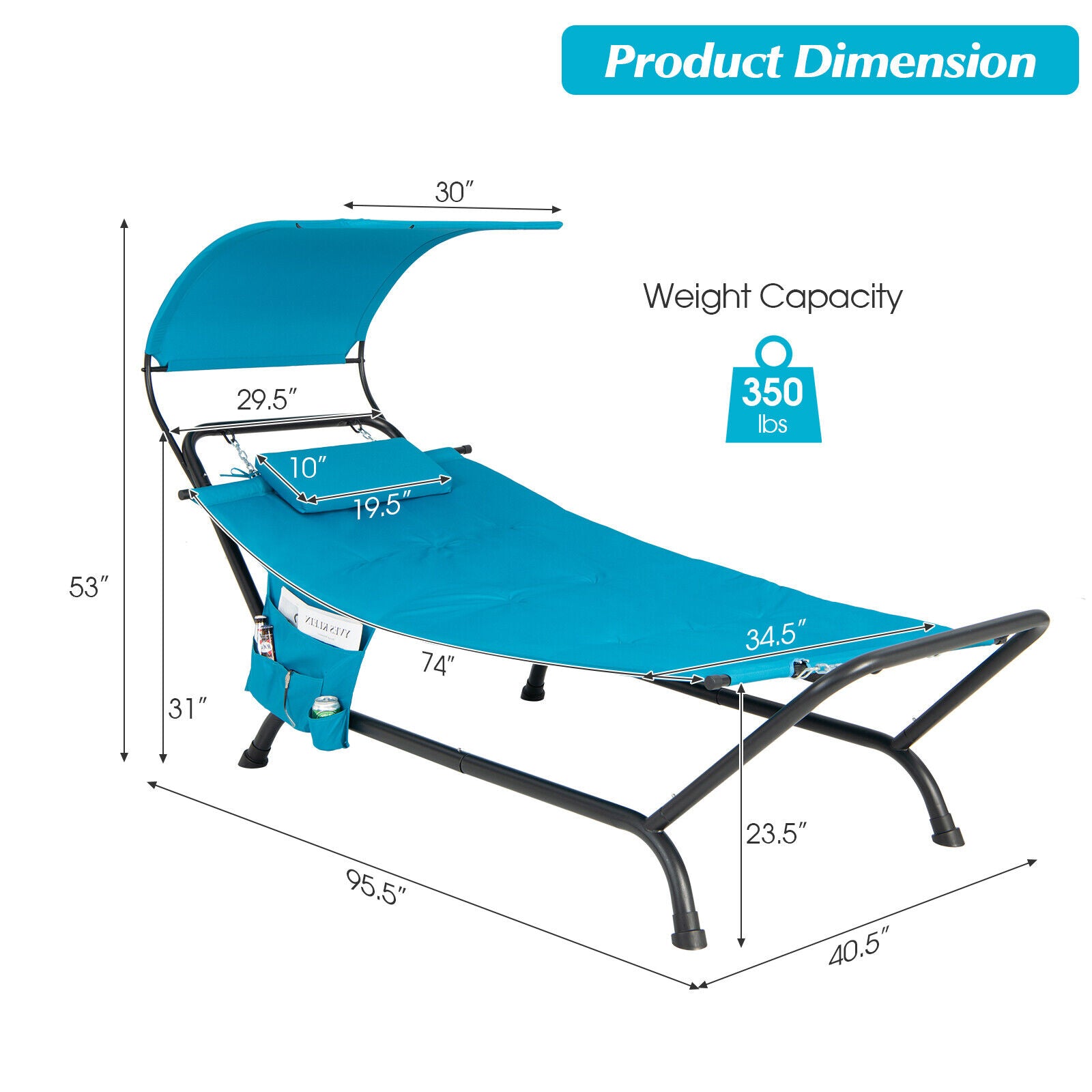 SUGIFT Patio Hanging Chaise Lounge Chair with Canopy Cushion Pillow and Storage Bag