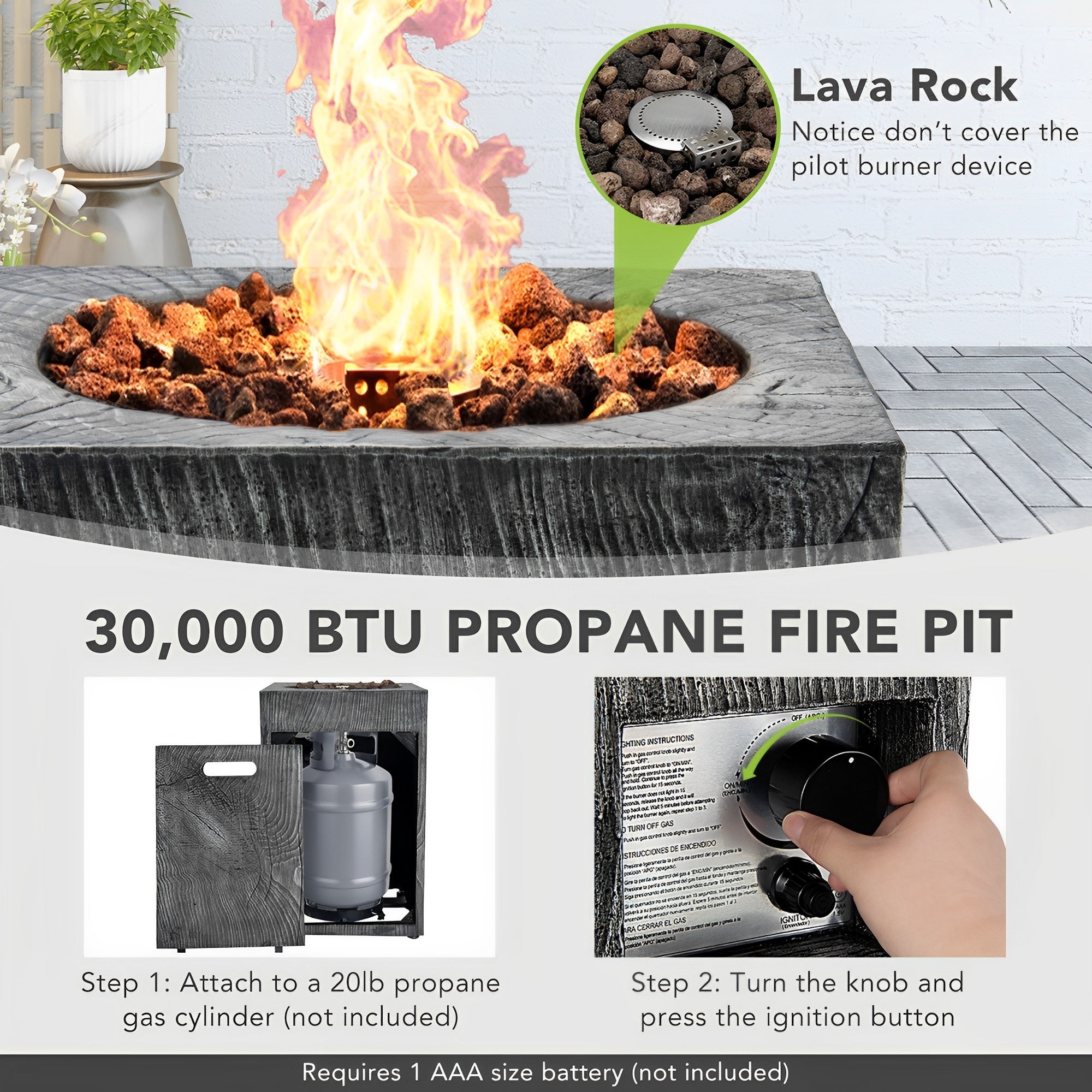 16 Feet Square Outdoor Propane Fire Pit with Lava Rocks Waterproof Cover 30000 BTU