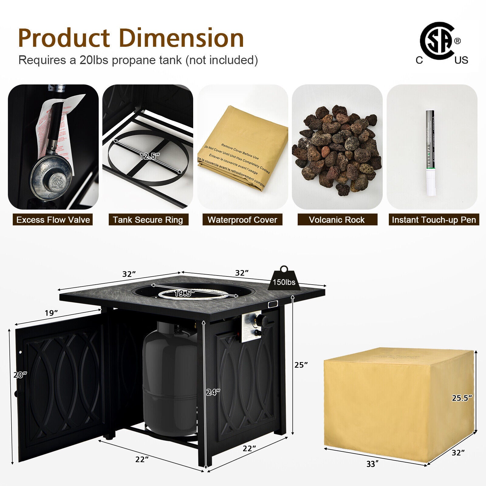 32 Inch Propane Fire Pit Table Square Tabletop with Lava Rocks Cover 50000 BTU