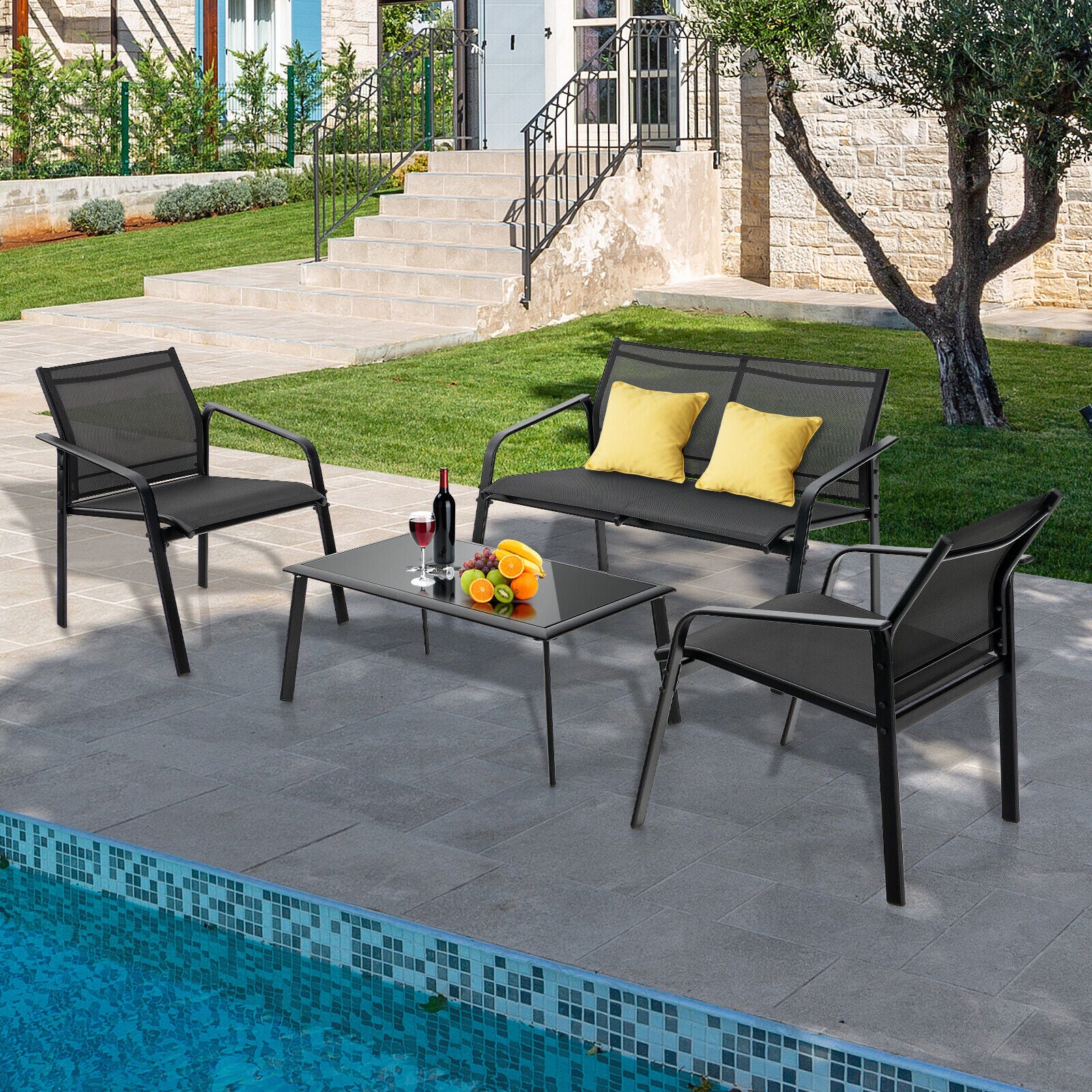 SUGIFT 4 Pieces Patio Furniture Set with Armrest Loveseat Sofas and Glass Table Deck