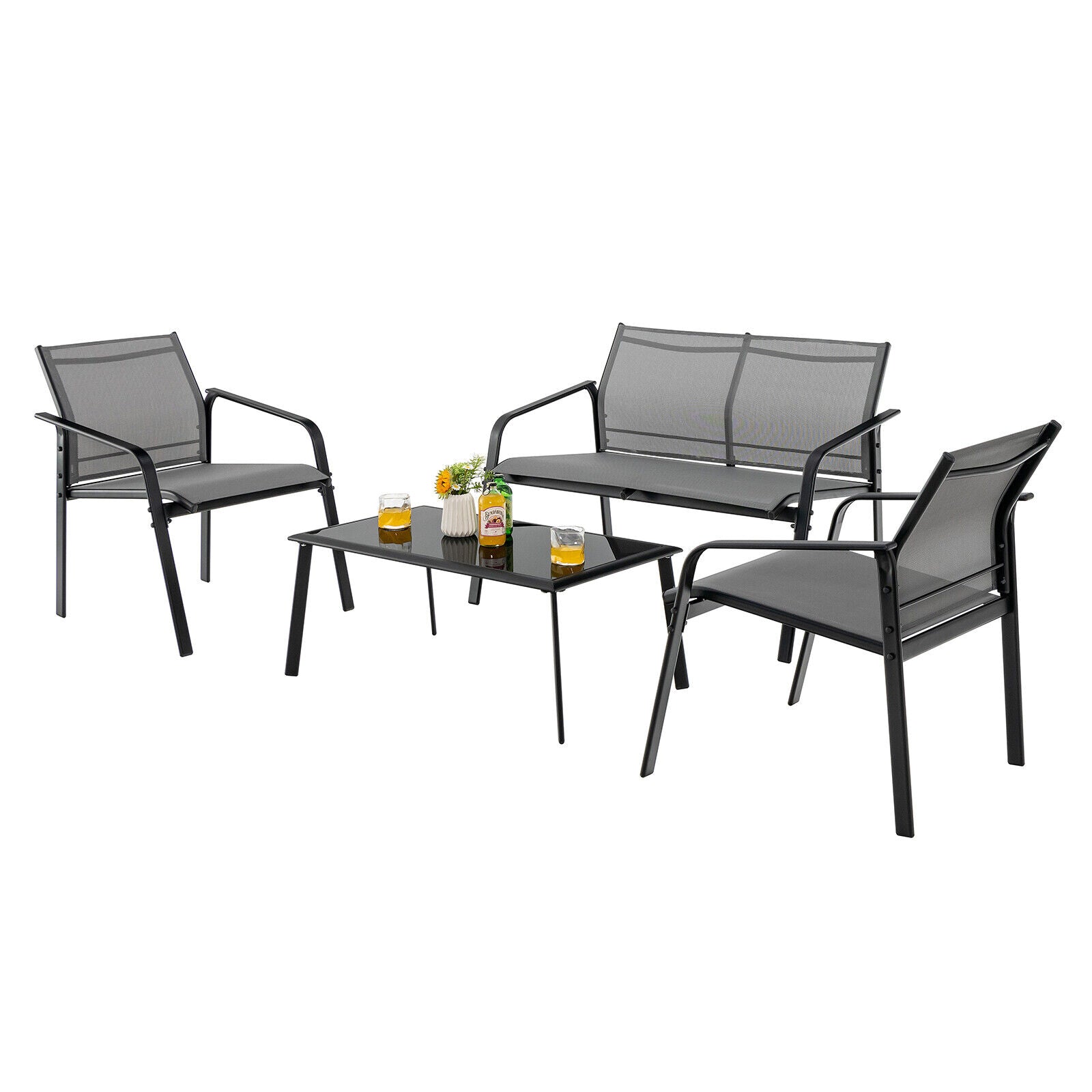 SUGIFT 4 Pieces Patio Furniture Set with Armrest Loveseat Sofas and Glass Table Deck