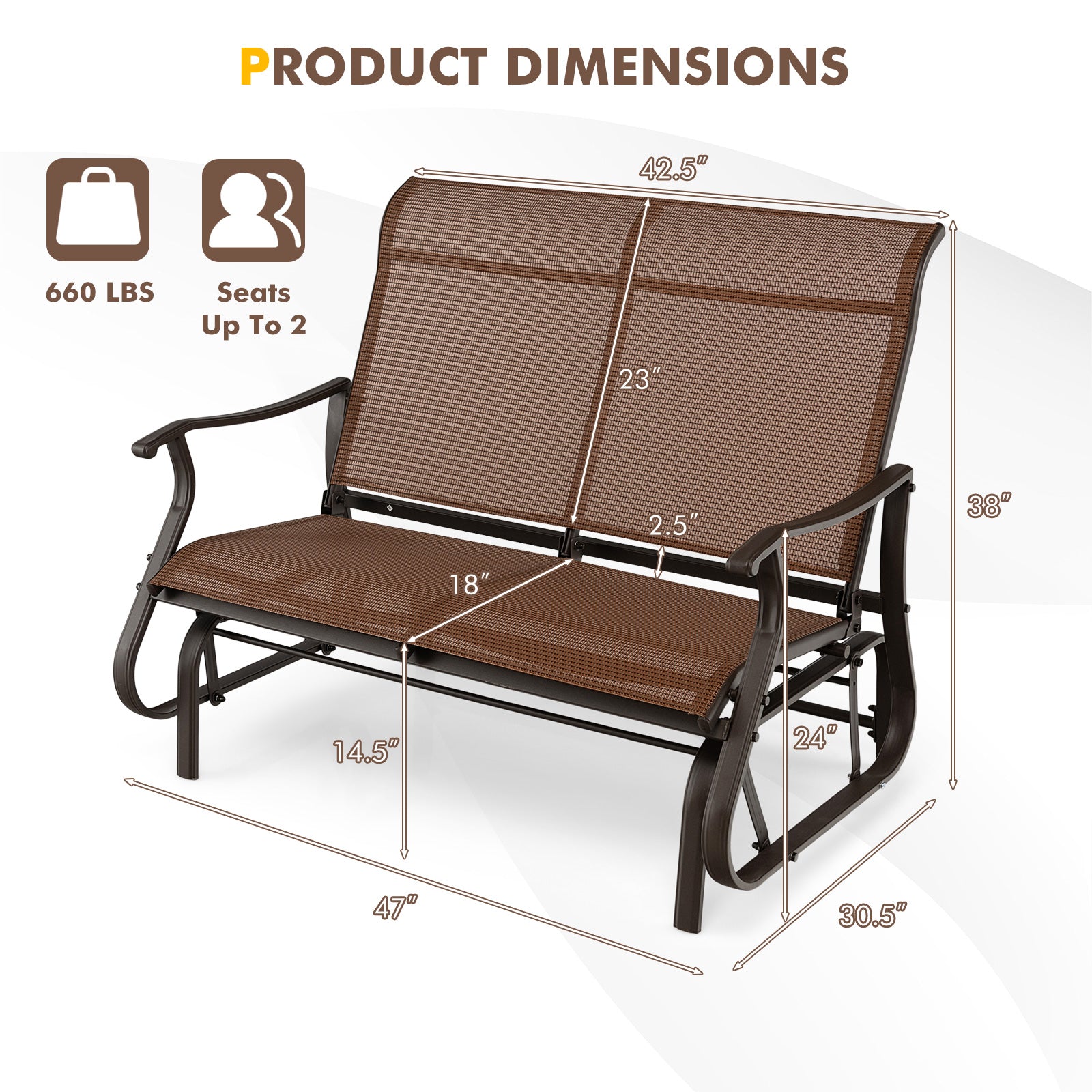 SUGIFT 2-Person Patio Glider Bench with High Back and Curved Armrests