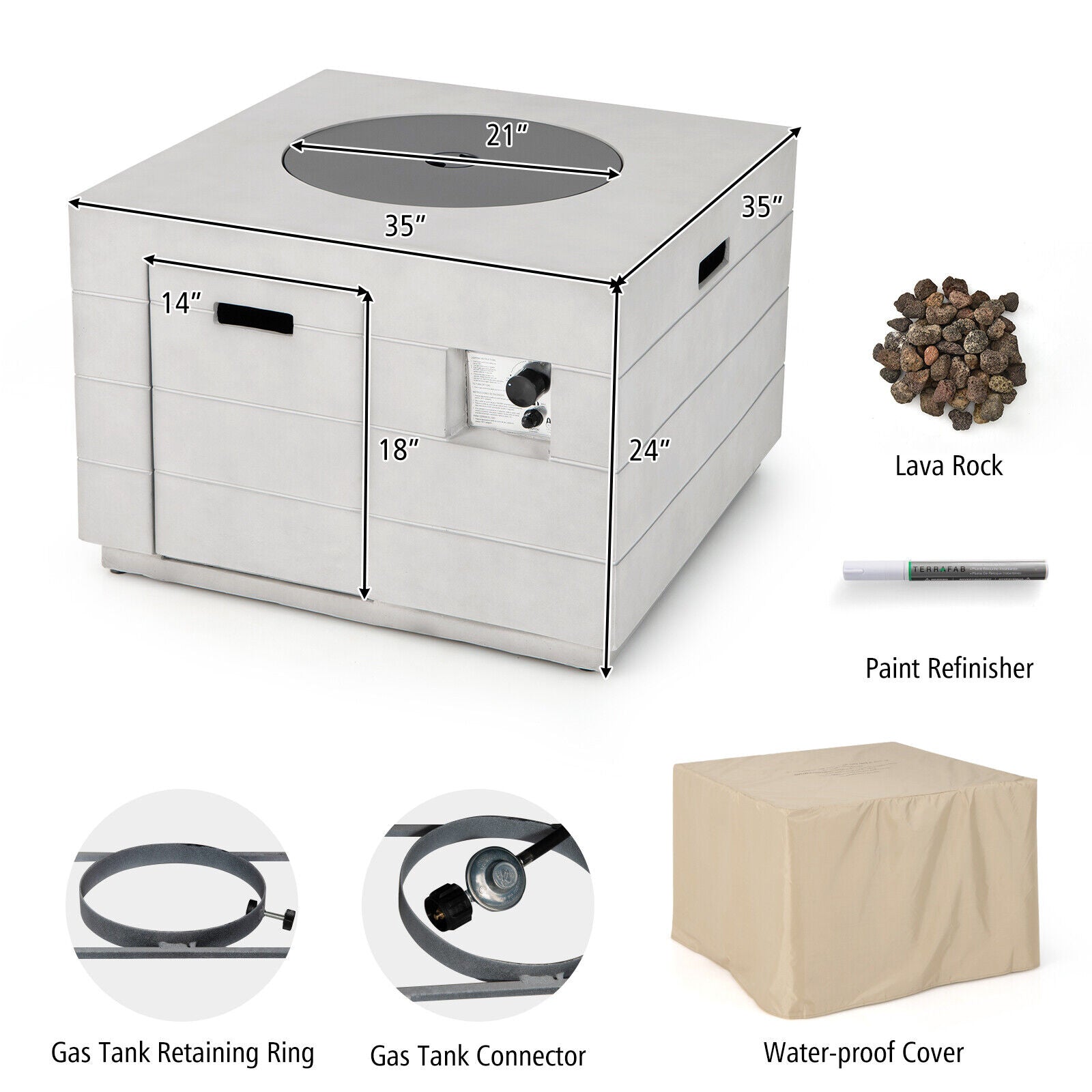 34 Inch Square Concrete Propane Fire Pit Table with Lava Rocks and Cover 50 000 BTU