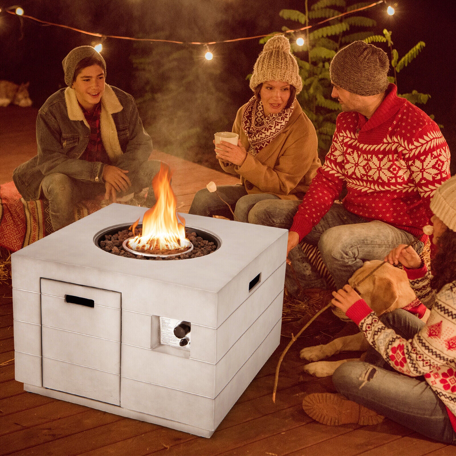 34 Inch Square Concrete Propane Fire Pit Table with Lava Rocks and Cover 50 000 BTU