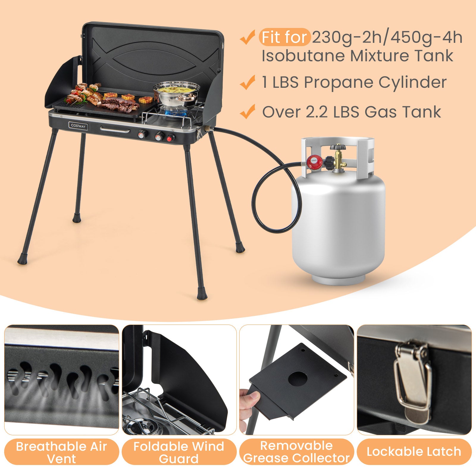 2-in-1 Gas Camping Grill and Stove with Detachable Legs-Black