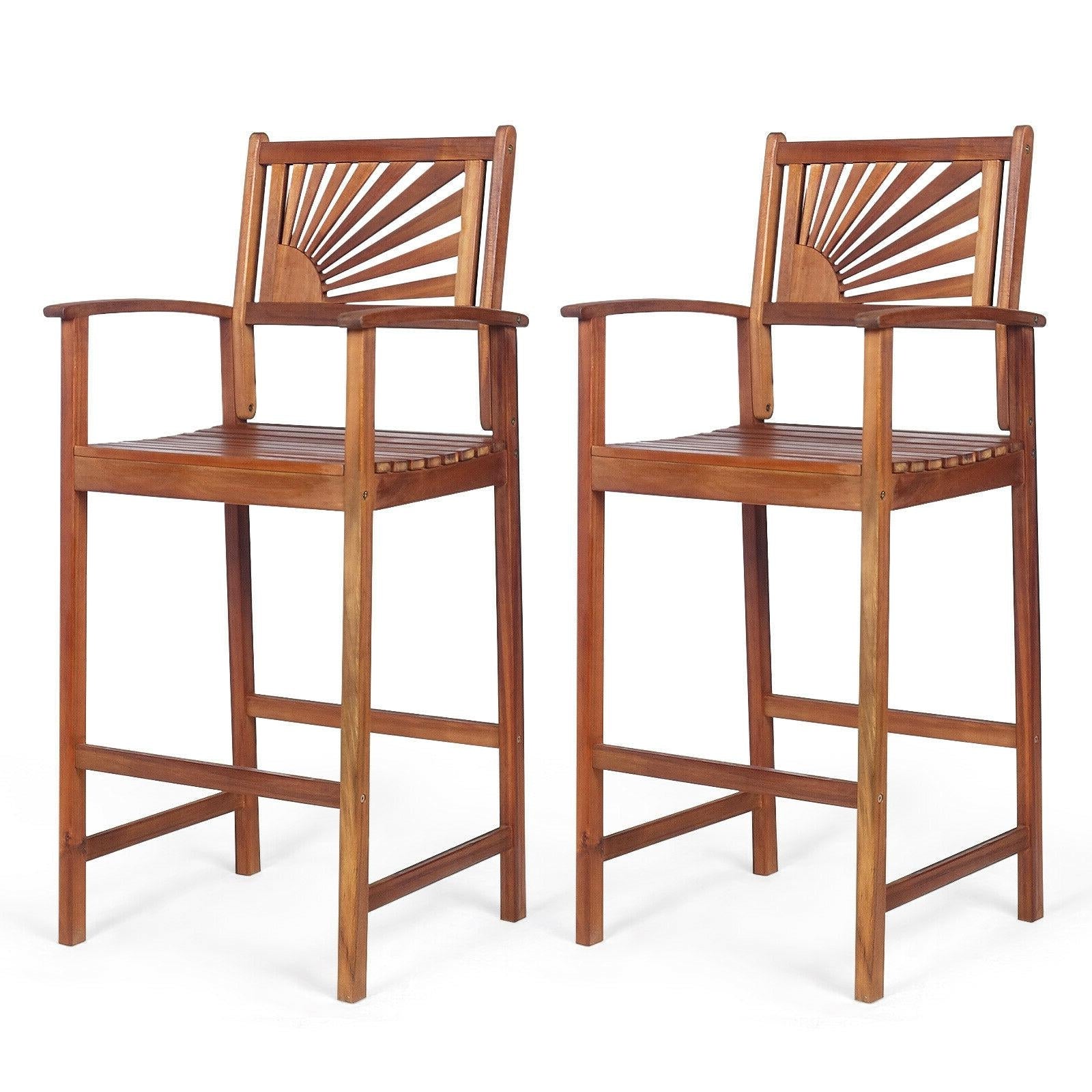 SUGIFT 2 Pieces Outdoor Acacia Wood Bar Chairs with Sunflower Backrest and Armrests
