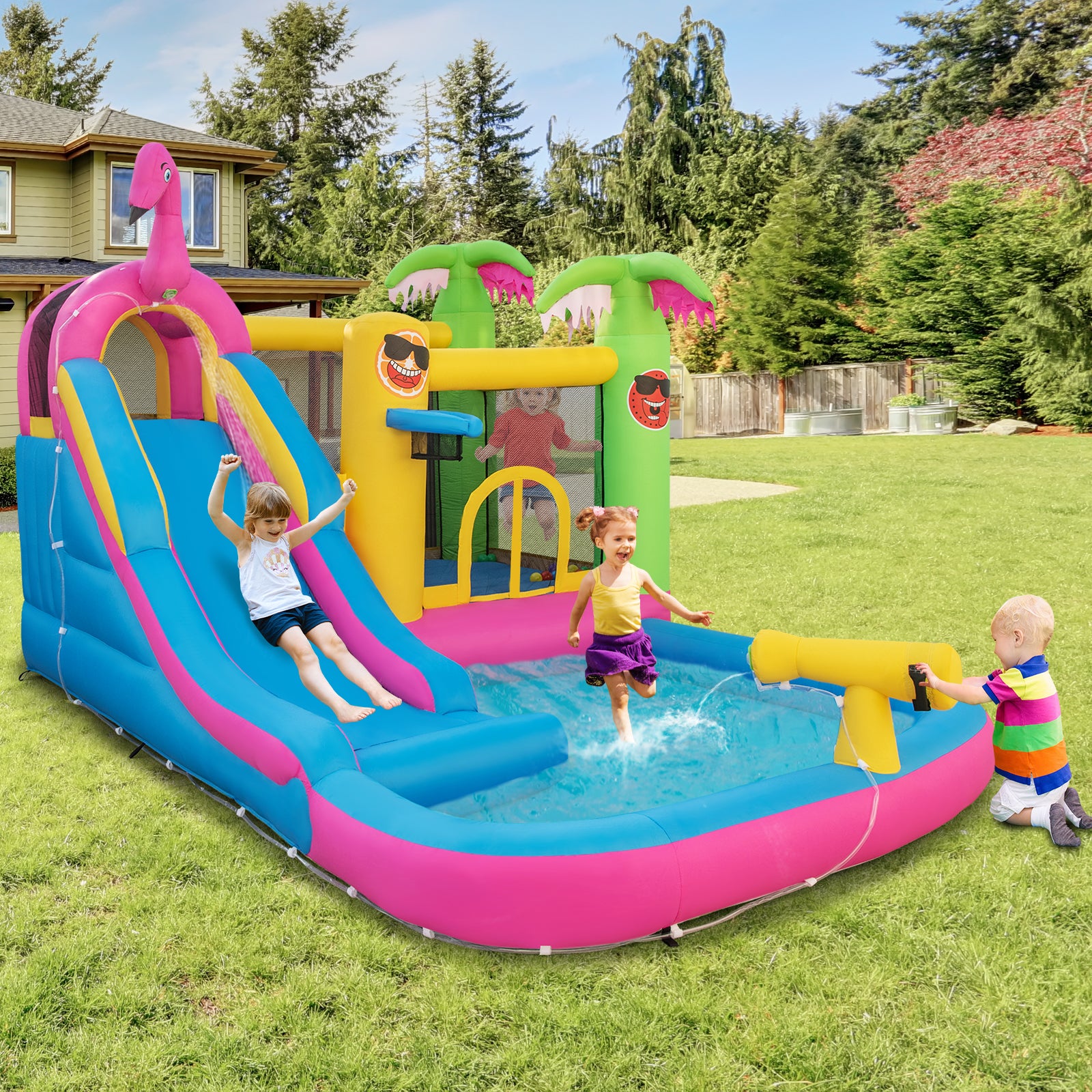SUGIFT Inflatable Bounce Castle with Long Water Slide and 735W Blower