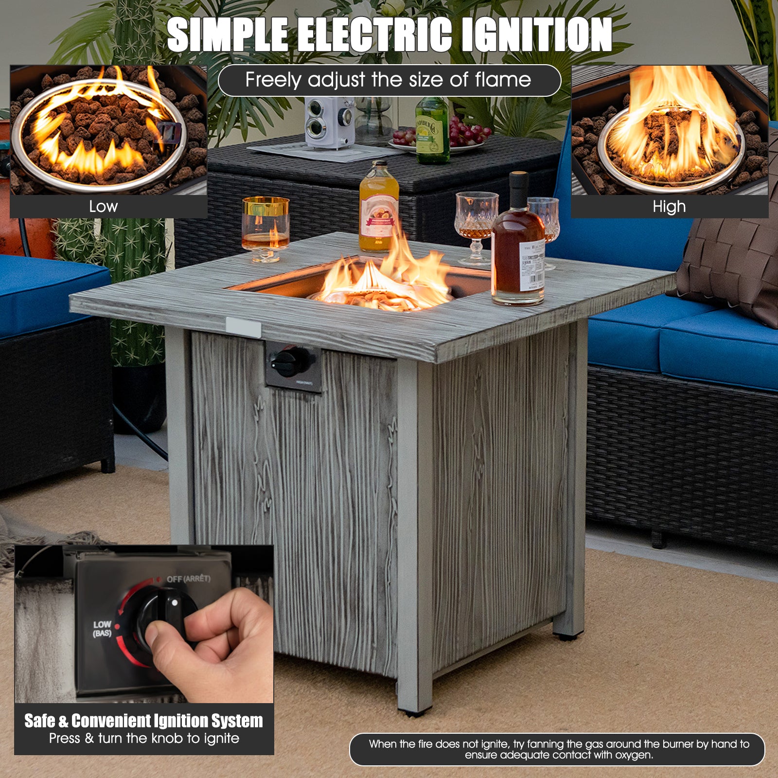 28 Inch 40 000 BTU Square Fire Pit Table with Lid and Lava Rocks-Gray