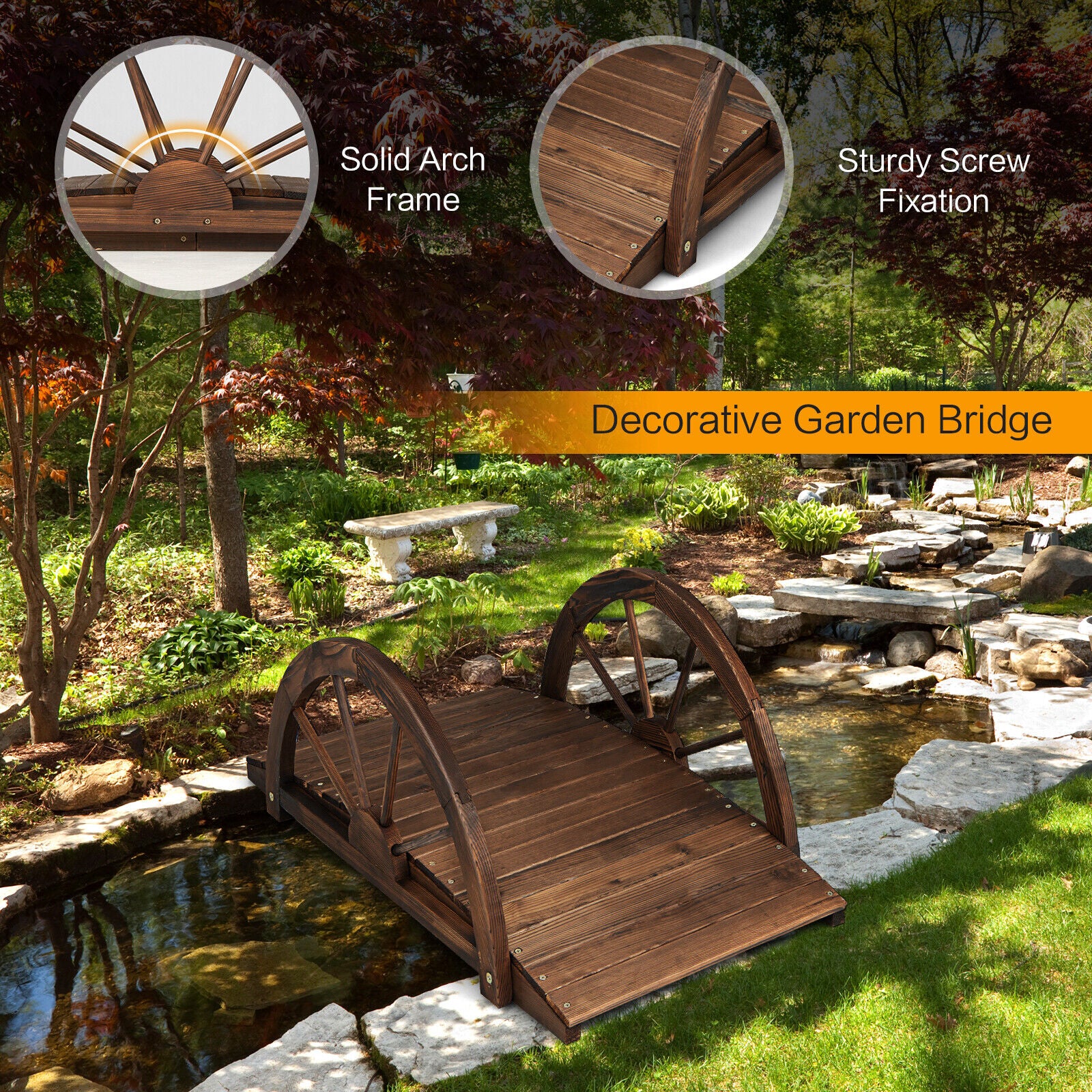 3.3 Feet Wooden Garden Bridge with Half-Wheel Safety Rails