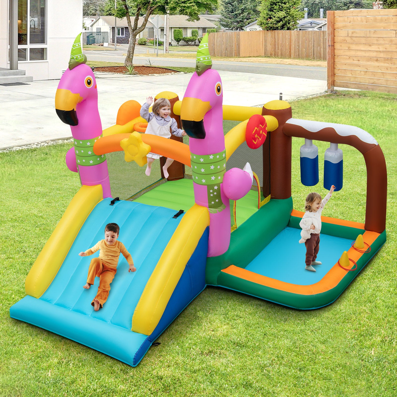 SUGIFT? 7-in-1 Flamingo Inflatable Bounce House with Slide without Blower