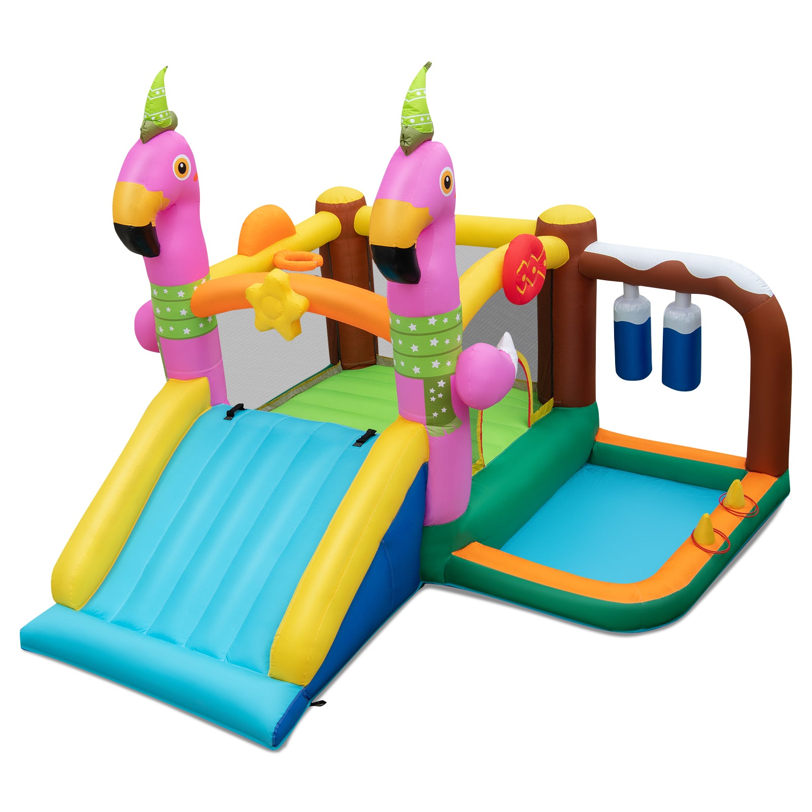 SUGIFT? 7-in-1 Flamingo Inflatable Bounce House with Slide without Blower