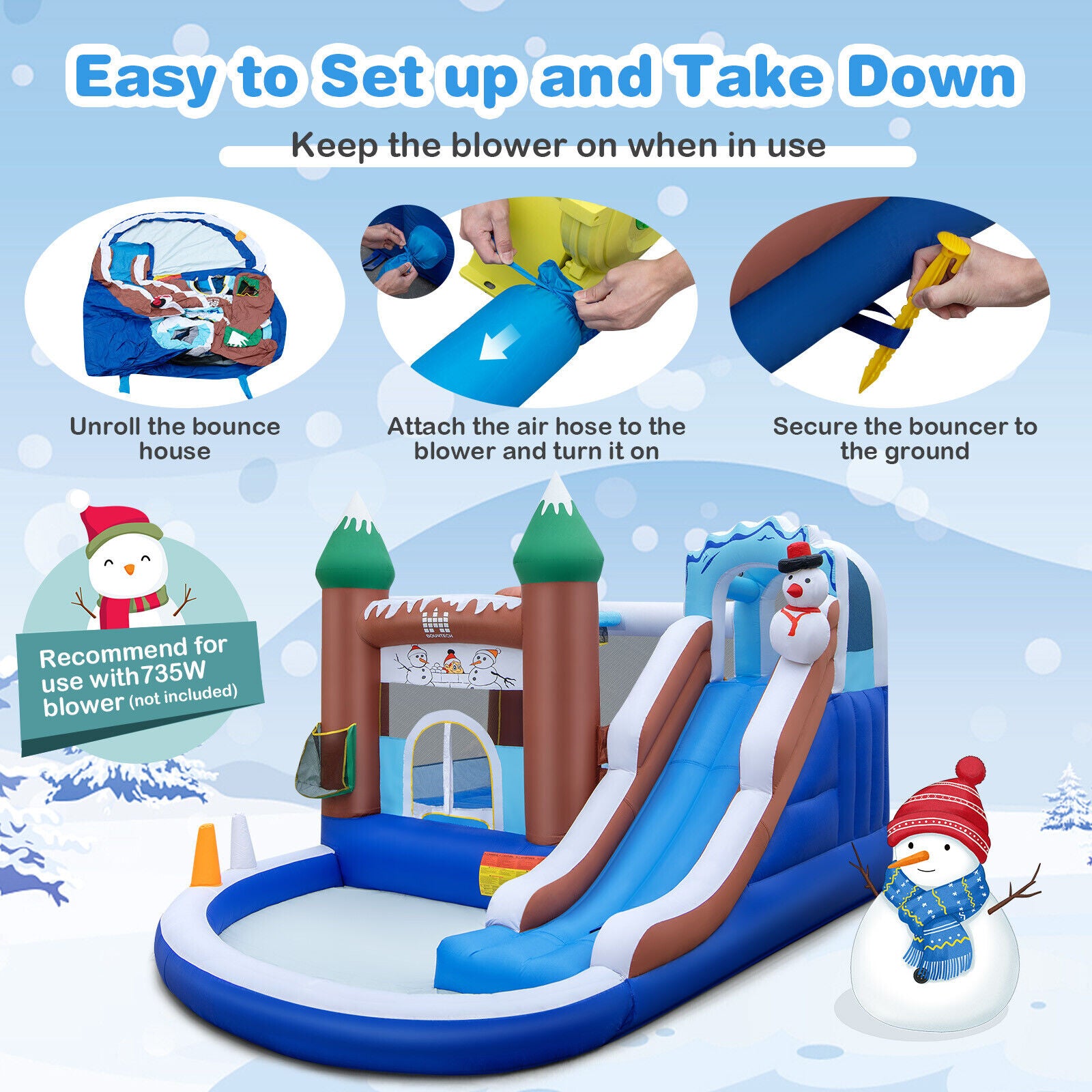 SUGIFT 6-in-1 Winter Theme Snowman Inflatable Castle with Slide and Trampoline without Blower