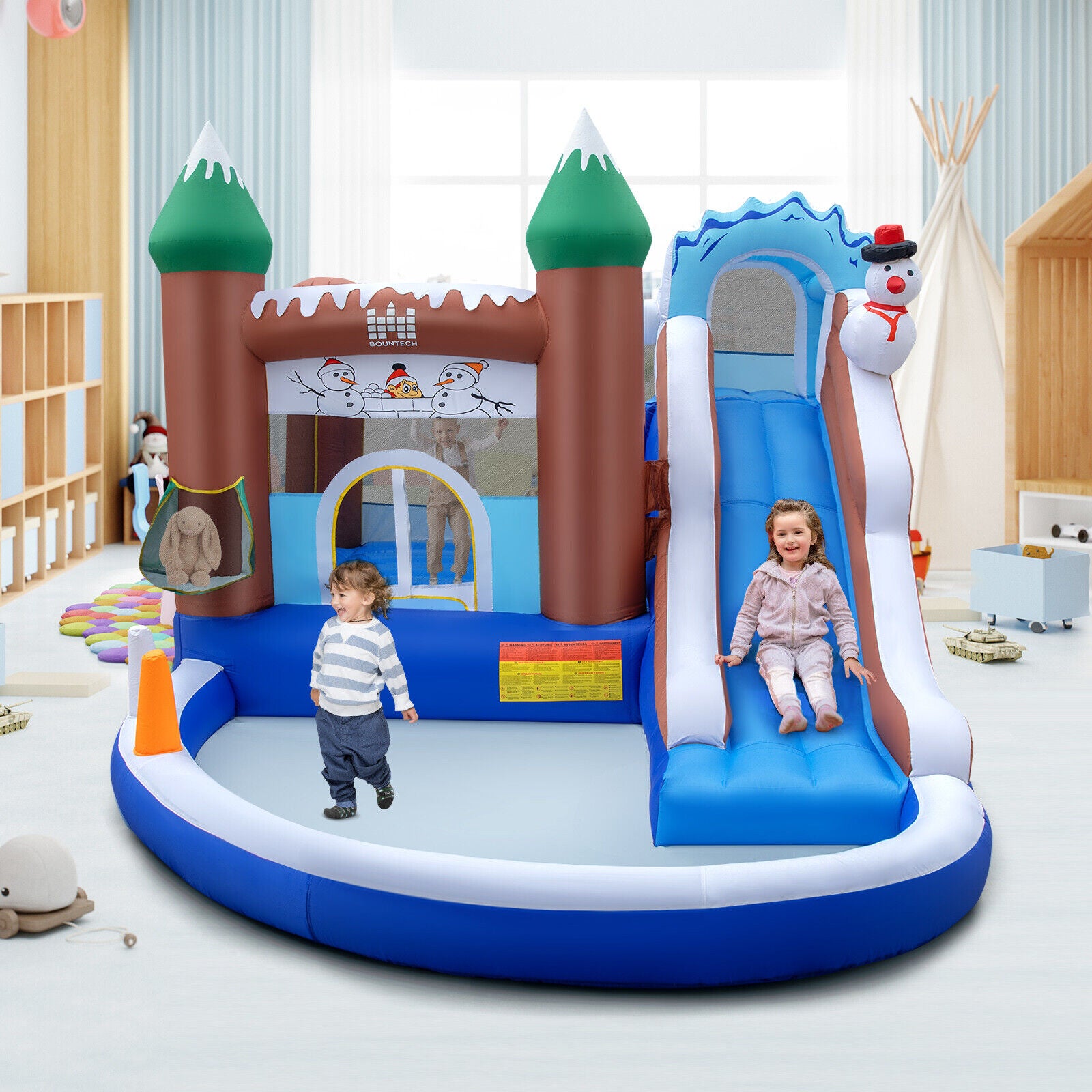 SUGIFT 6-in-1 Winter Theme Snowman Inflatable Castle with Slide and Trampoline without Blower